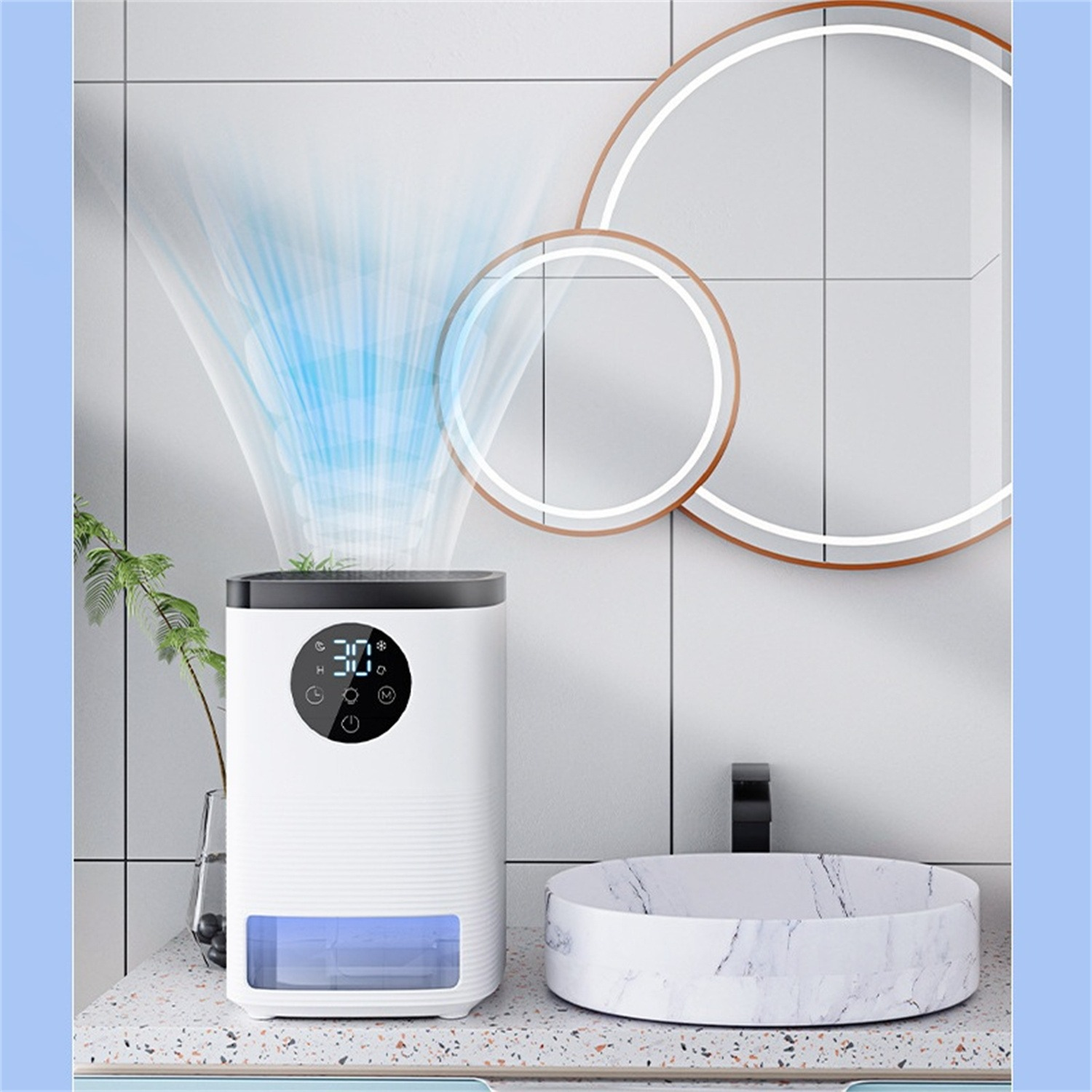 Weiß-schwarzer Luftreiniger, blauer Luftstrom und ein Waschbecken aus Marmor mit Spiegel.