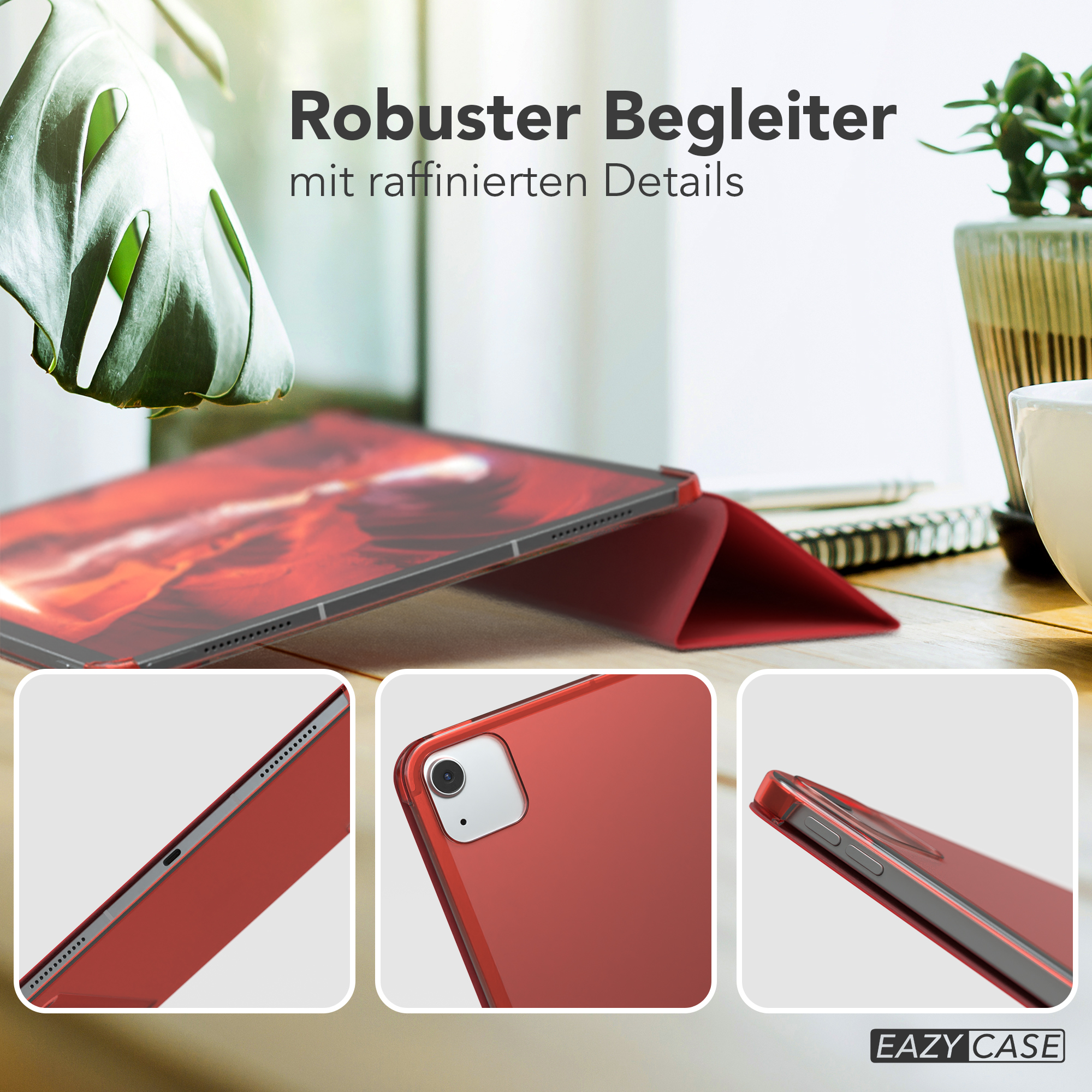 iPad Pro in roter Hülle mit Nahaufnahmen von Kanten und Rückseite.