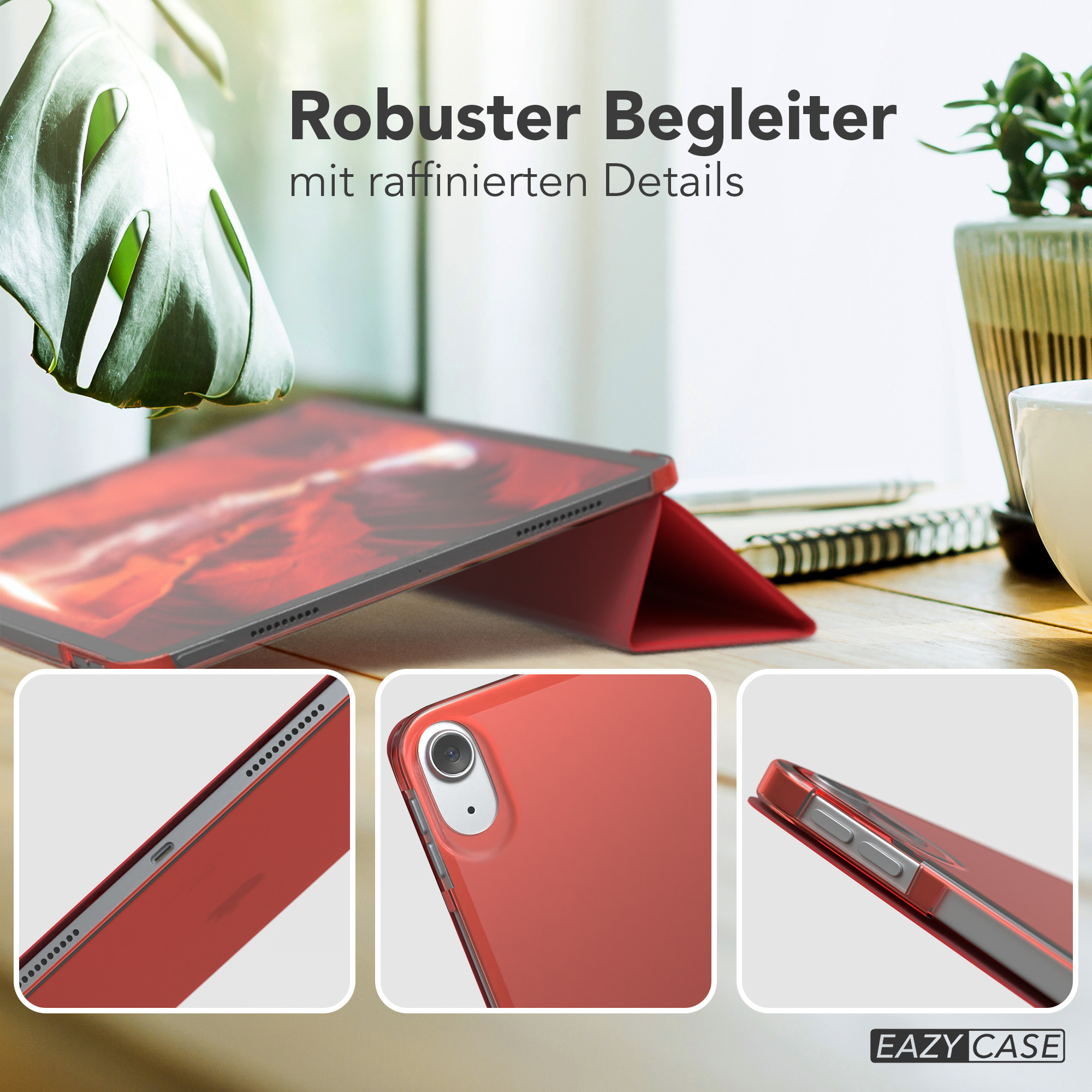 Eine rote iPad-Hülle, die auf einem Tisch geöffnet ist, mit Nahaufnahmen von Details. Text 