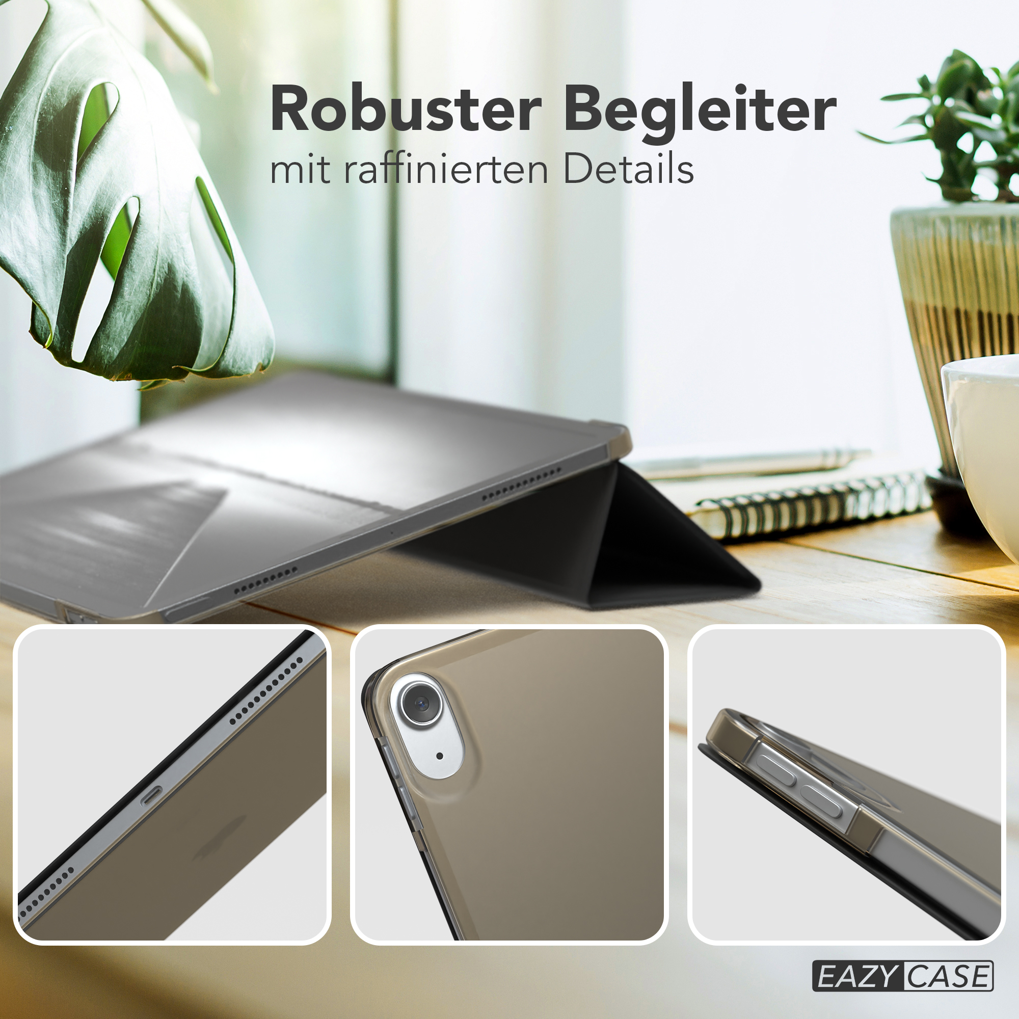 Tablet in einer Hülle, mit Details. Text-Overlay und Bilder der Hülle.