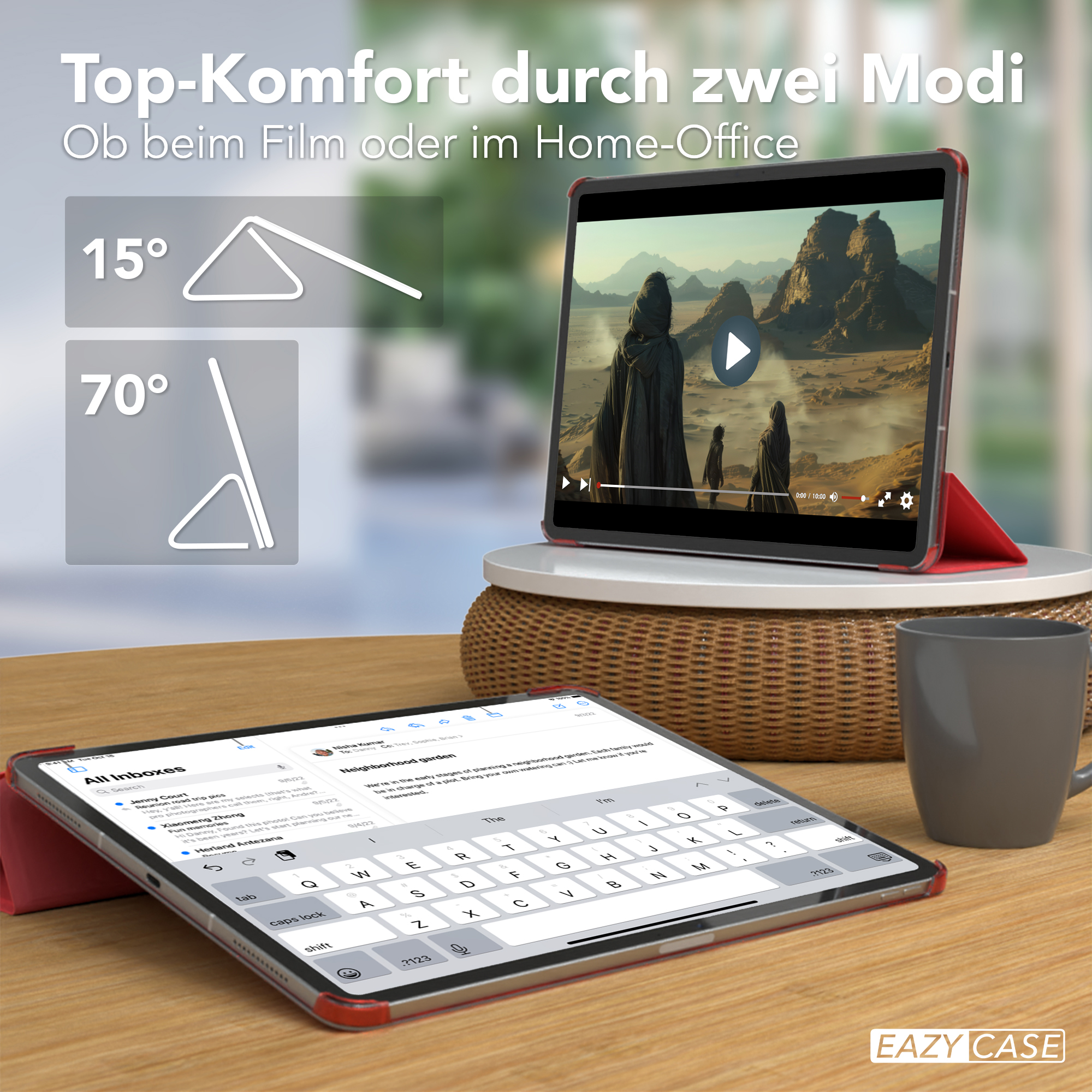 Tablet mit roter Hülle in zwei Positionen. Ein Film wird abgespielt. Eine Tasse steht daneben.