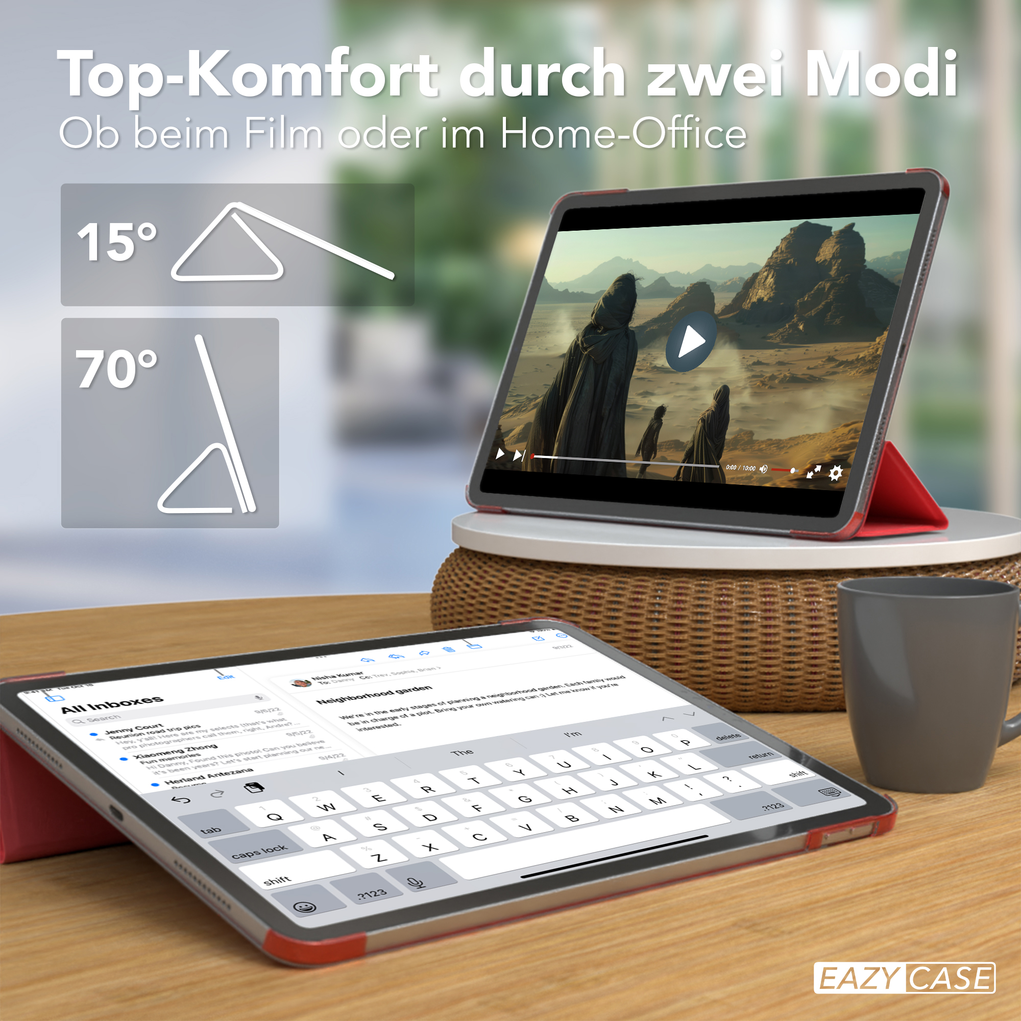 Zwei Tablets auf einer Holzoberfläche, eines mit Tastaturanzeige und das andere mit einem Video.