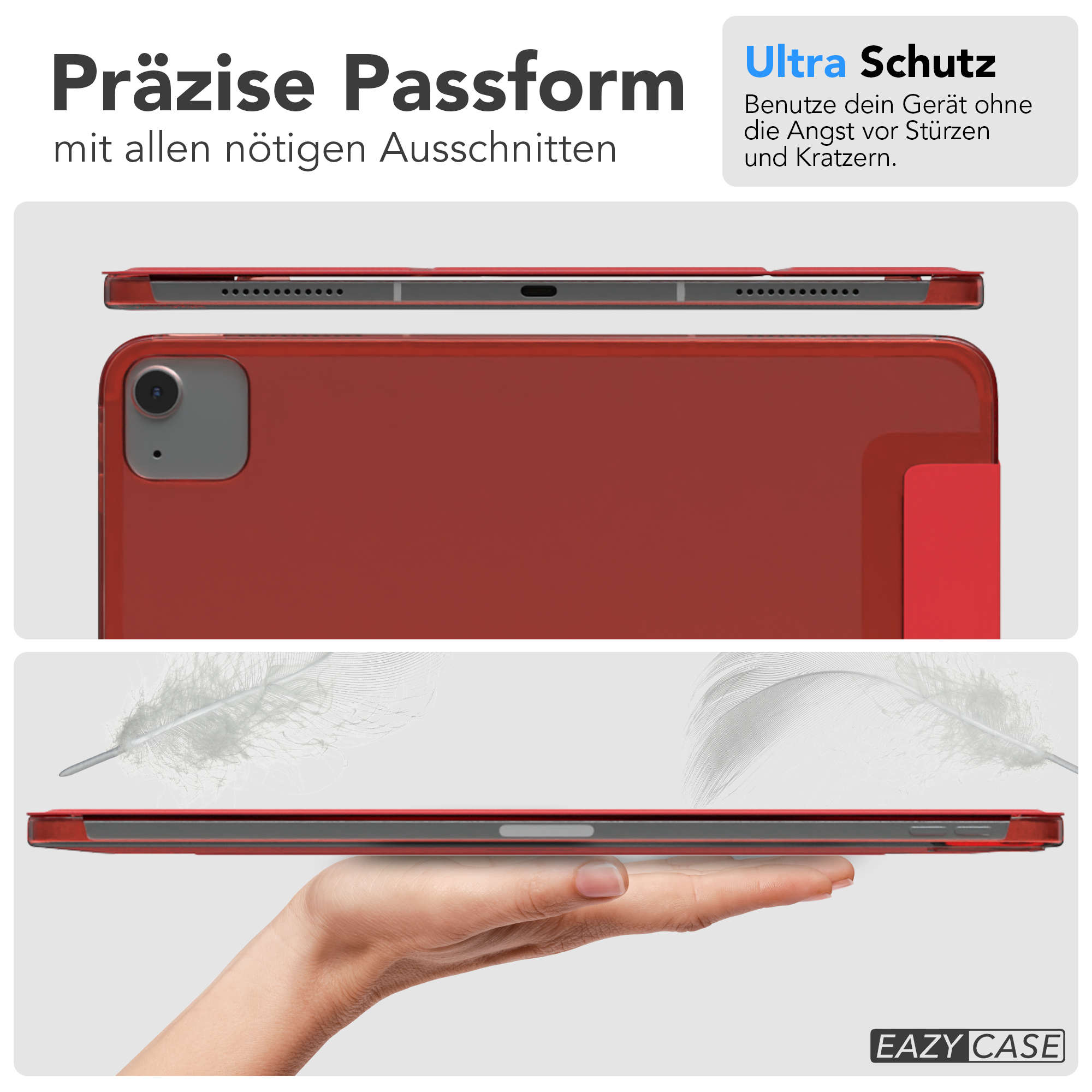 Eine rote Tablethülle mit Tablet, aus verschiedenen Winkeln gezeigt. Oben steht 'Präzise Passform'.