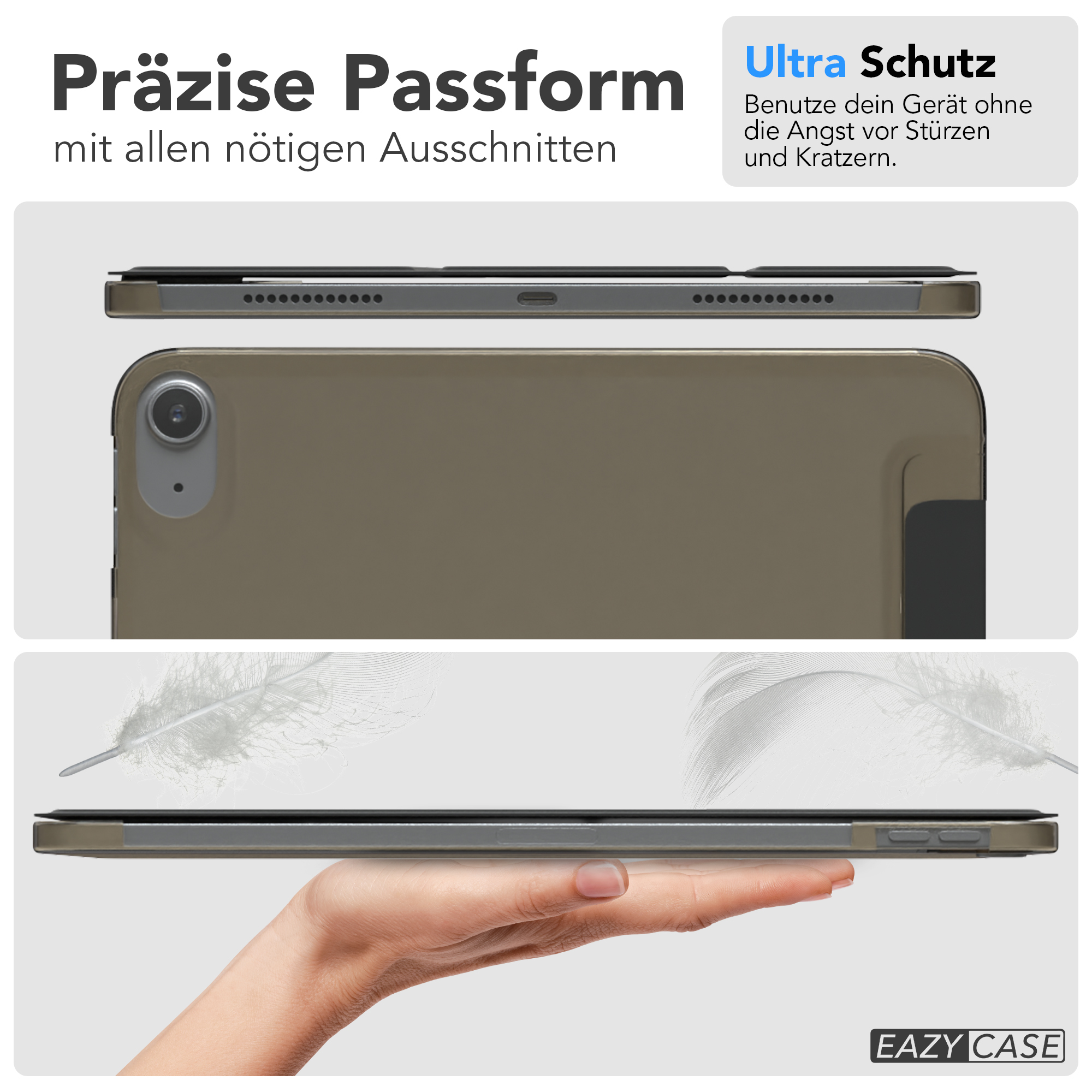 Zwei Bilder, die eine Tablet-Hülle mit einem Tablet zeigen. Die Hülle ist olivgrün. Text auf Deutsch.