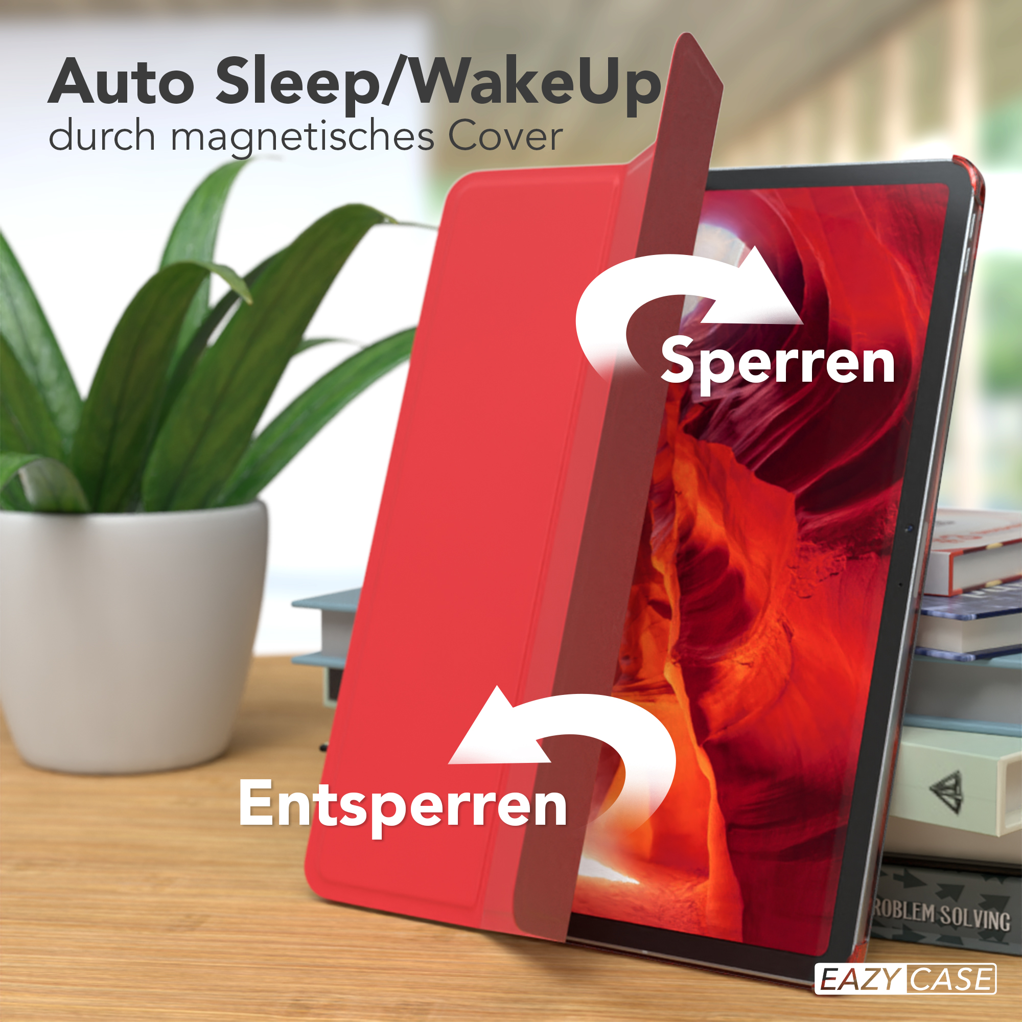 Rote Tablet-Hülle mit geöffneter Abdeckung, die den Bildschirm und die Texte 'Entsperren' und 'Sperren' zeigt.