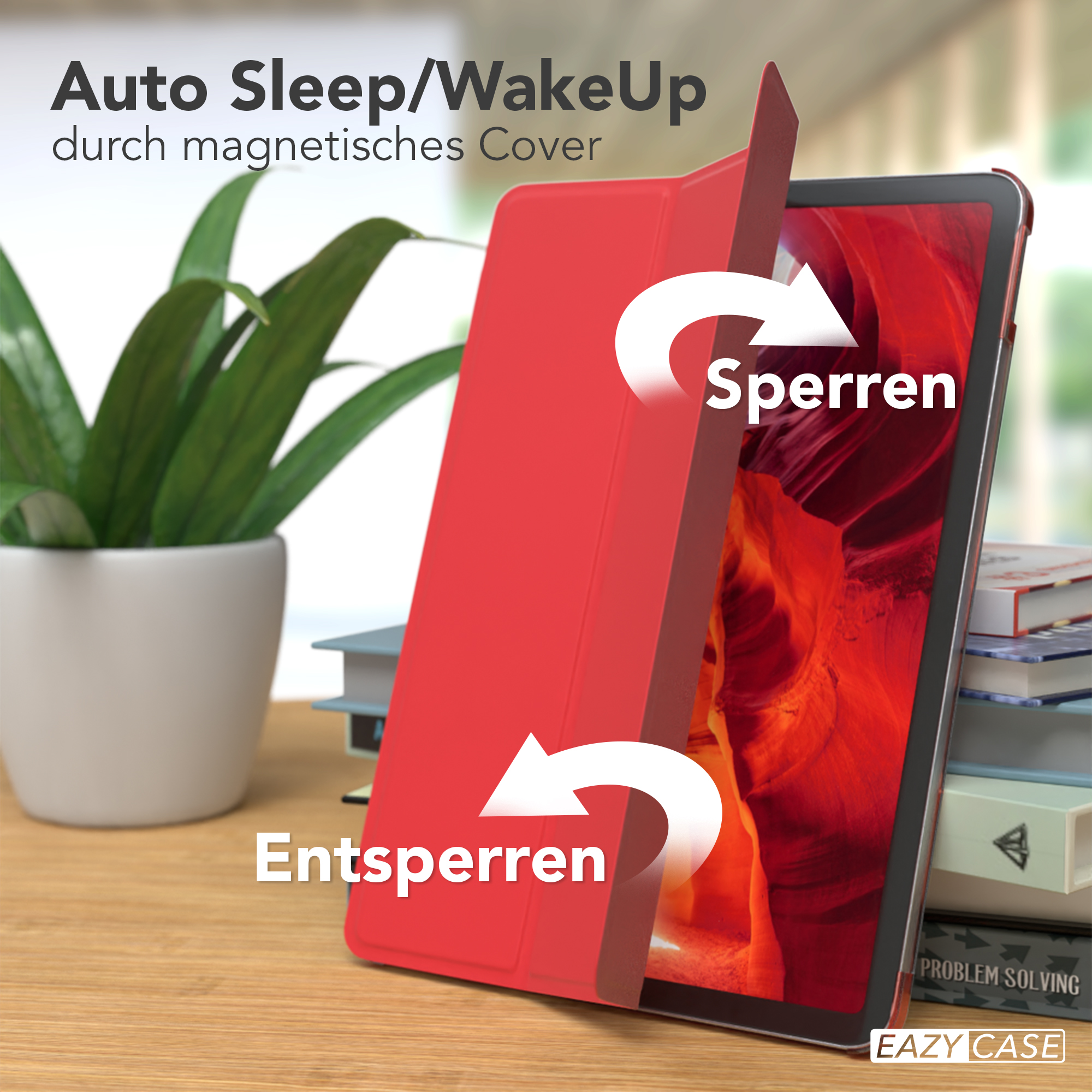 Rote Tablet-Hülle mit Pfeilen, die Sperr- und Entsperrfunktionen auf einem Schreibtisch mit Büchern anzeigen.