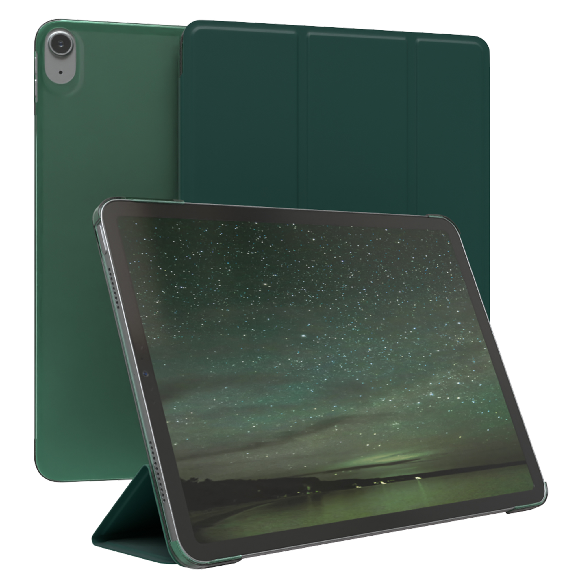 Grünes Tablet mit grüner Hülle, geöffnet und aufgestellt. Der Bildschirm zeigt eine sternenklare Nachtansicht.