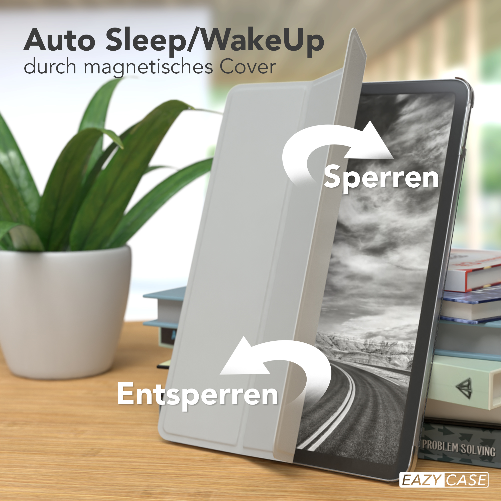 Ein Tablet mit geöffneter Hülle. Pfeile zeigen den Text: Automatisches Schlafen/Aufwachen. Eine Pflanze ist im Hintergrund.