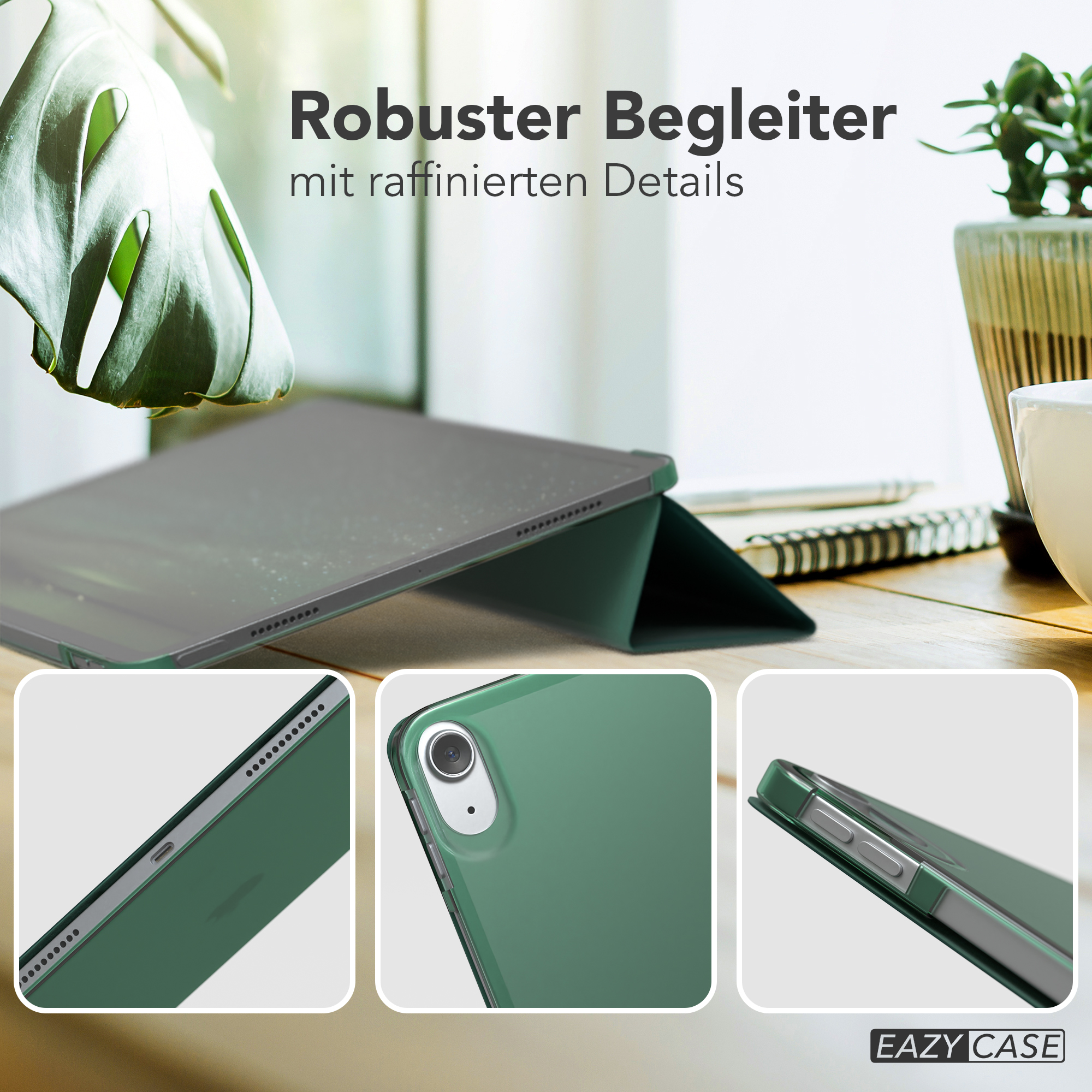 Eine grüne Tablet-Hülle mit mehreren Ansichten. Die Hülle liegt auf Holz.