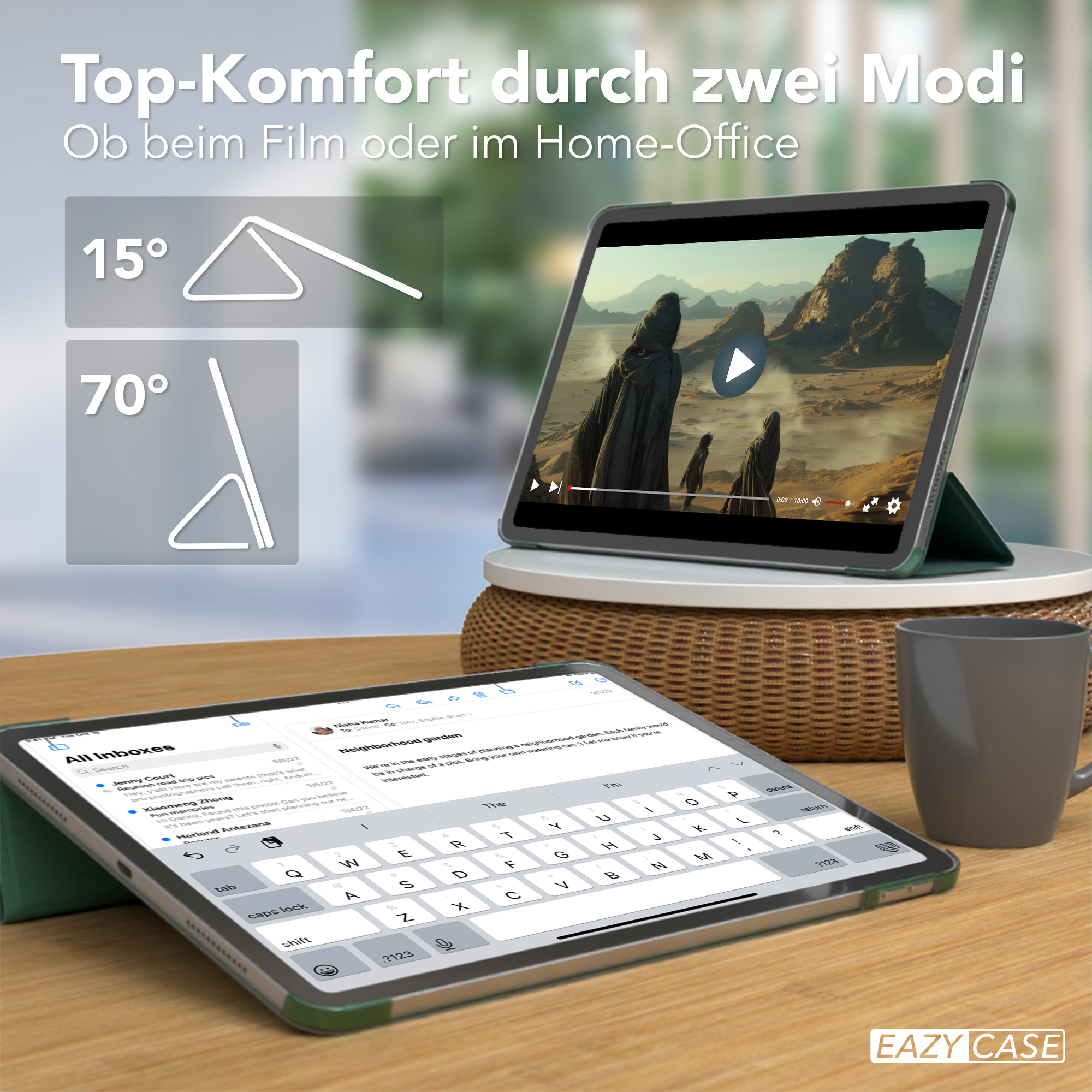 Zwei Tablets. Eines zeigt Video, das andere Tastatur. Texte über Bildschirmwinkel.