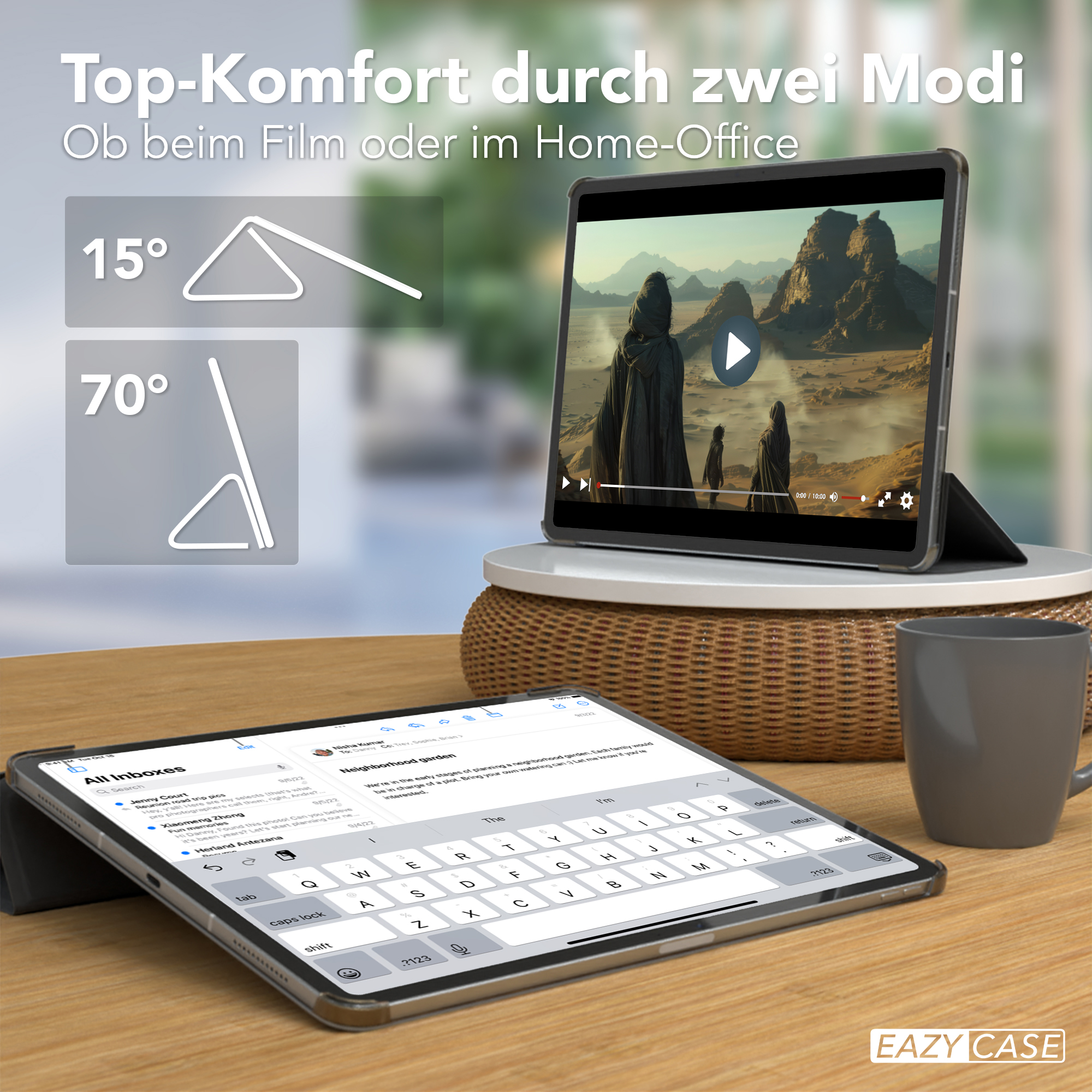 Tablet mit Tastatur, Bildschirm zeigt Video. Zwei Standpositionen werden gezeigt.