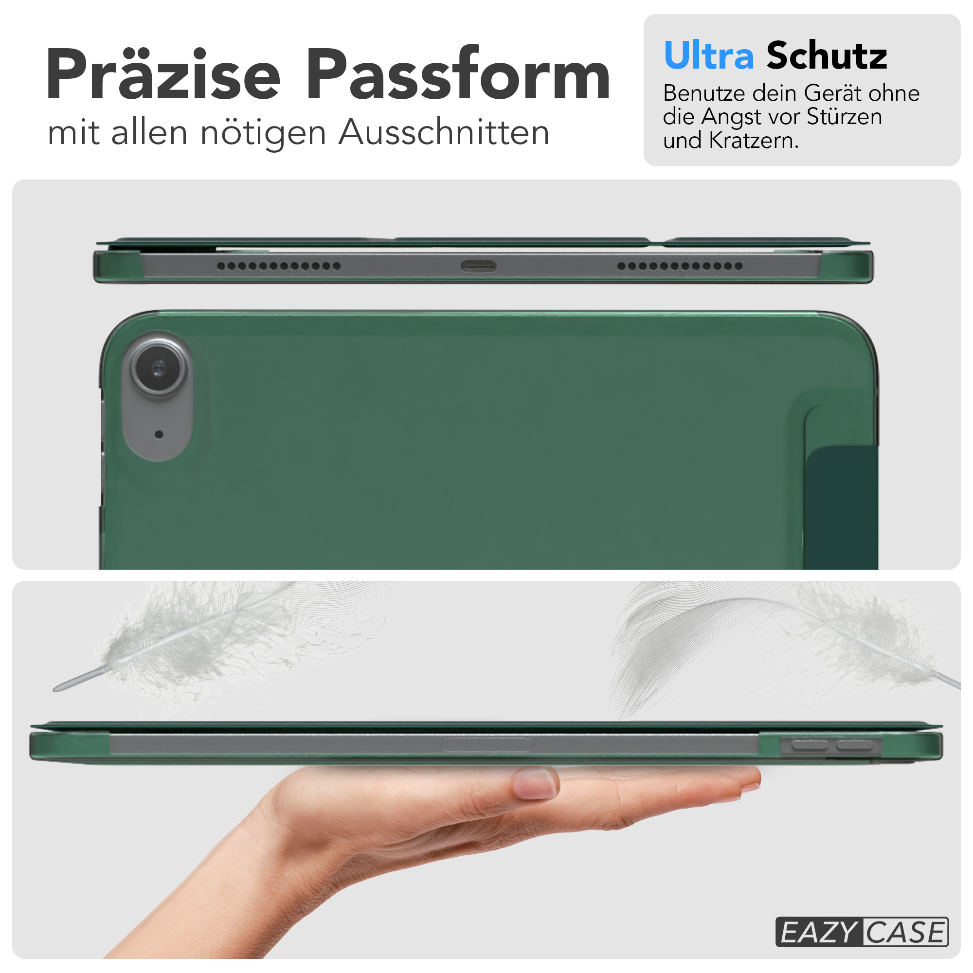 Grüne Tablet-Hülle in mehreren Ansichten. Zeigt die Ansichten von oben, der Seite und unten, mit Text auf Deutsch.