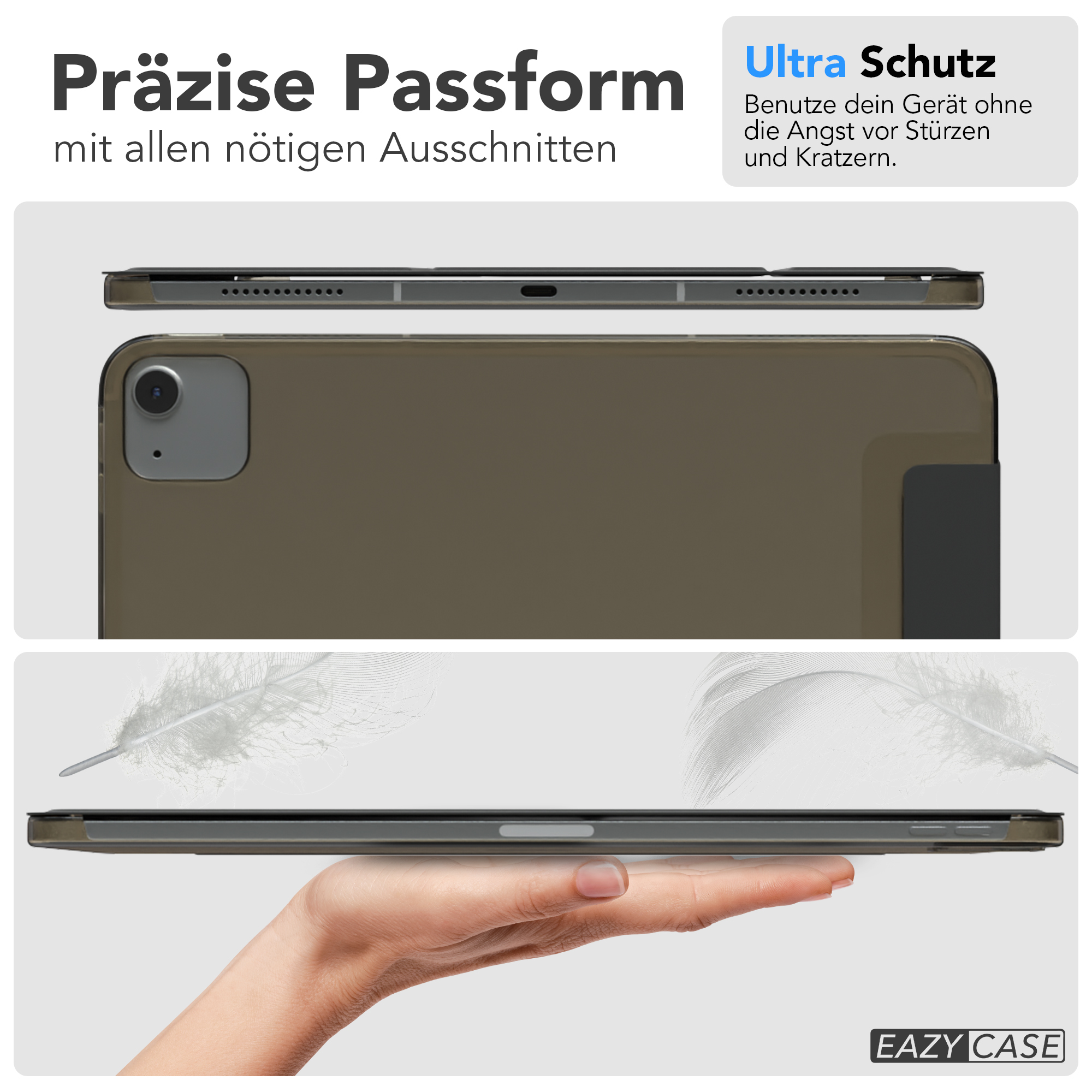 Zwei Bilder einer Tablethülle. Eines zeigt die geschlossene Hülle. Das andere zeigt die offene Hülle.