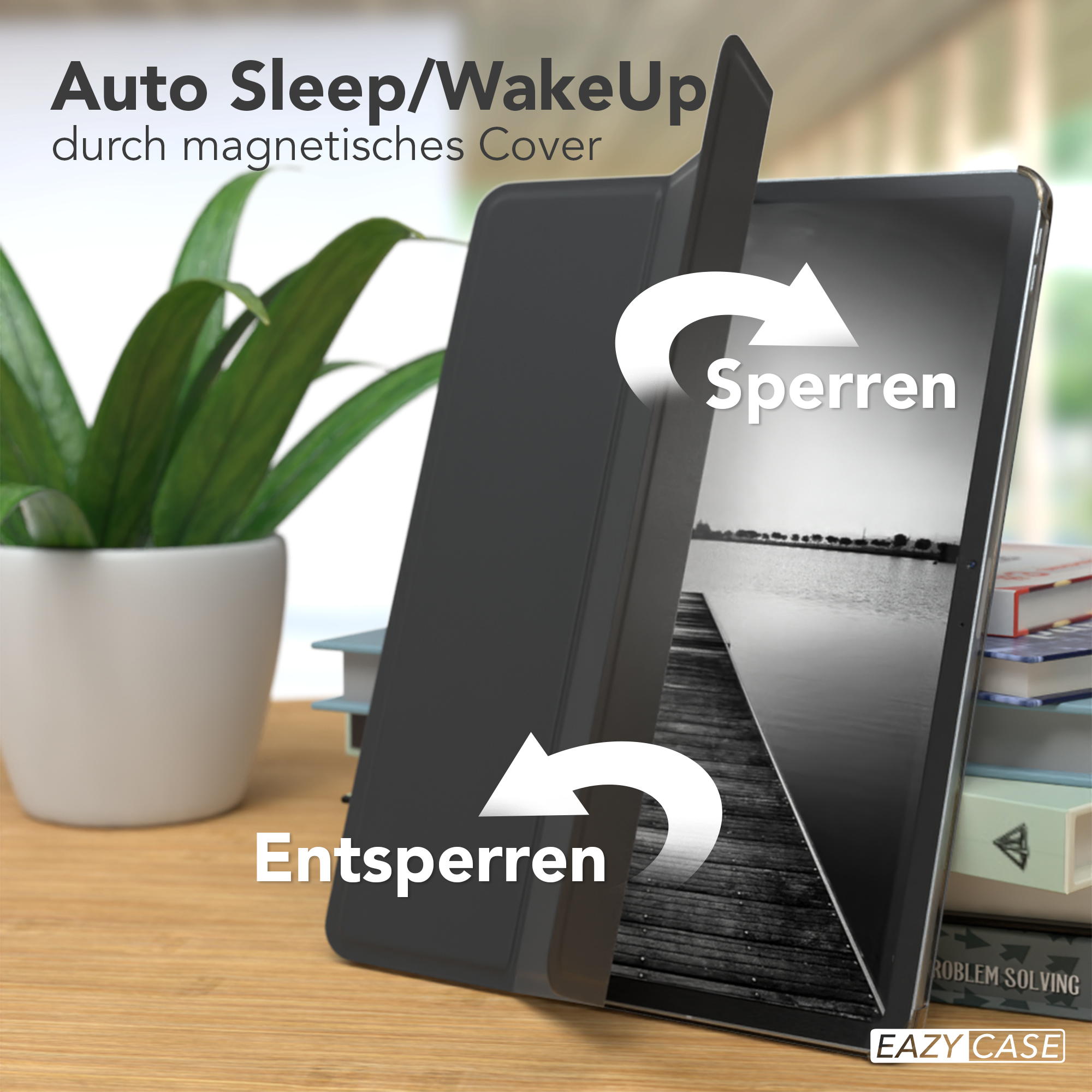 Tablet in schwarzer Hülle mit Pfeilen, die Sperren und Entsperren anzeigen. Text: Auto Sleep/WakeUp.