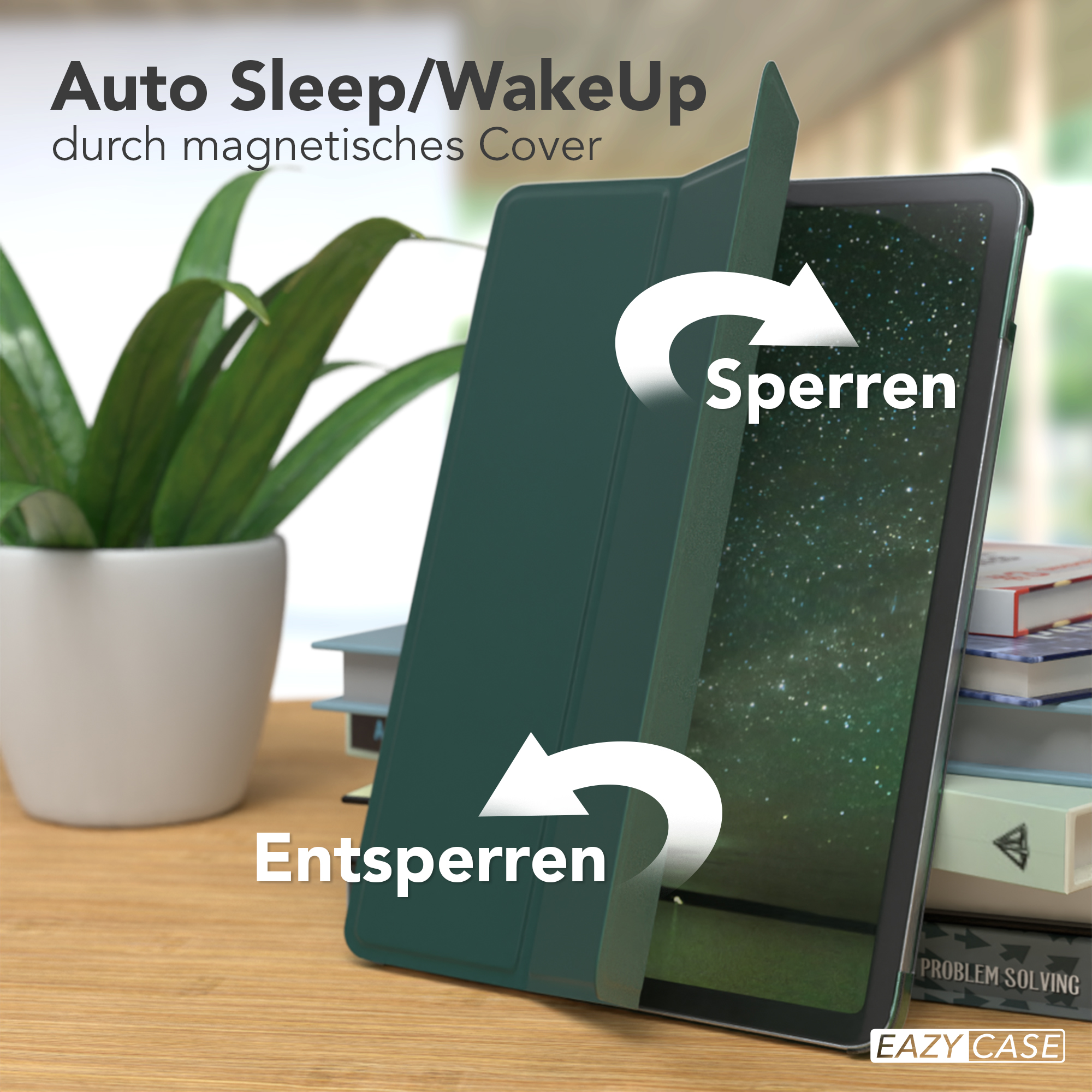 Tablet mit grüner Hülle. Die Hülle öffnet/schließt sich und zeigt den Tablet-Bildschirm.