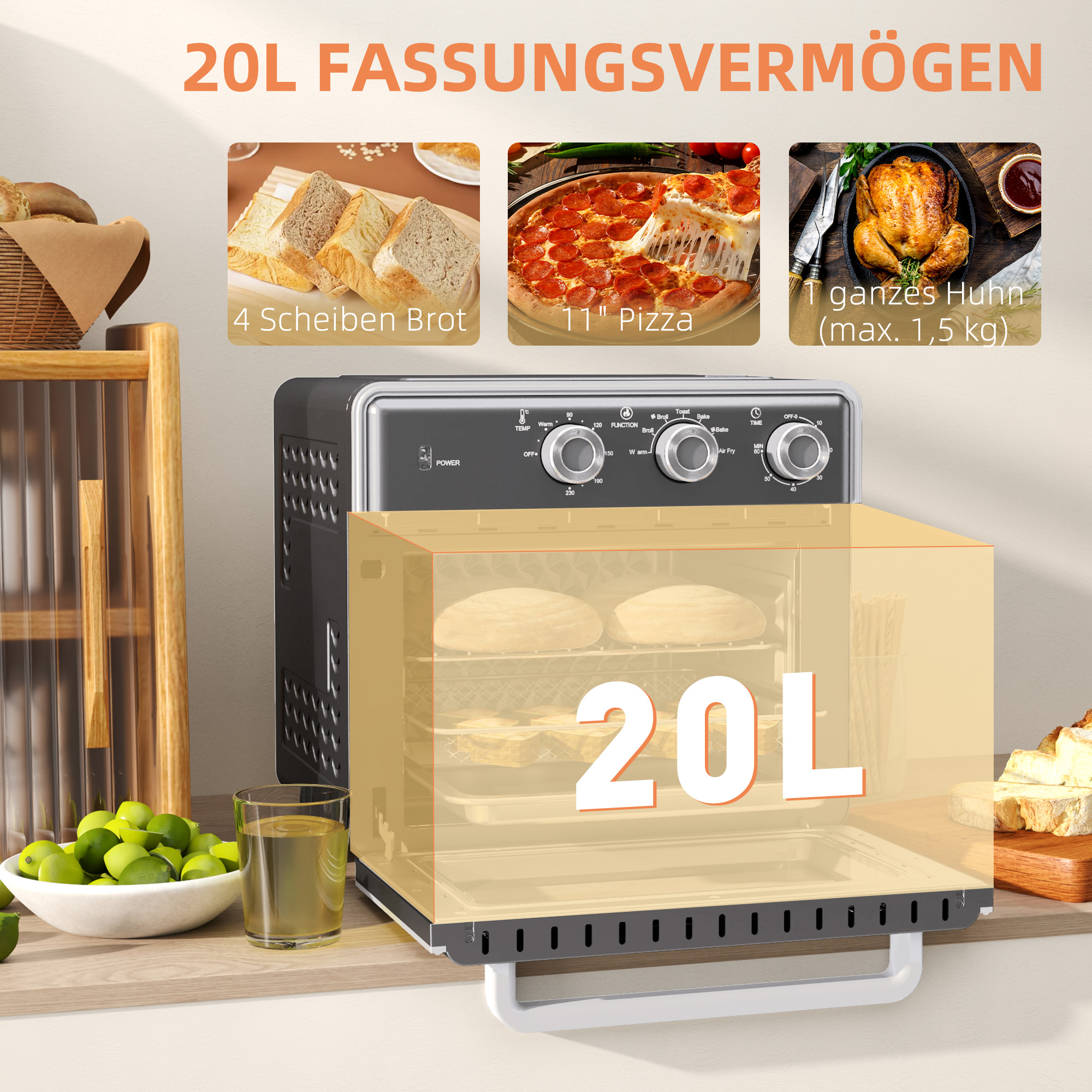 Eine Heißluftfritteuse mit Lebensmittelillustrationen, die ein Fassungsvermögen von 20L zeigt.