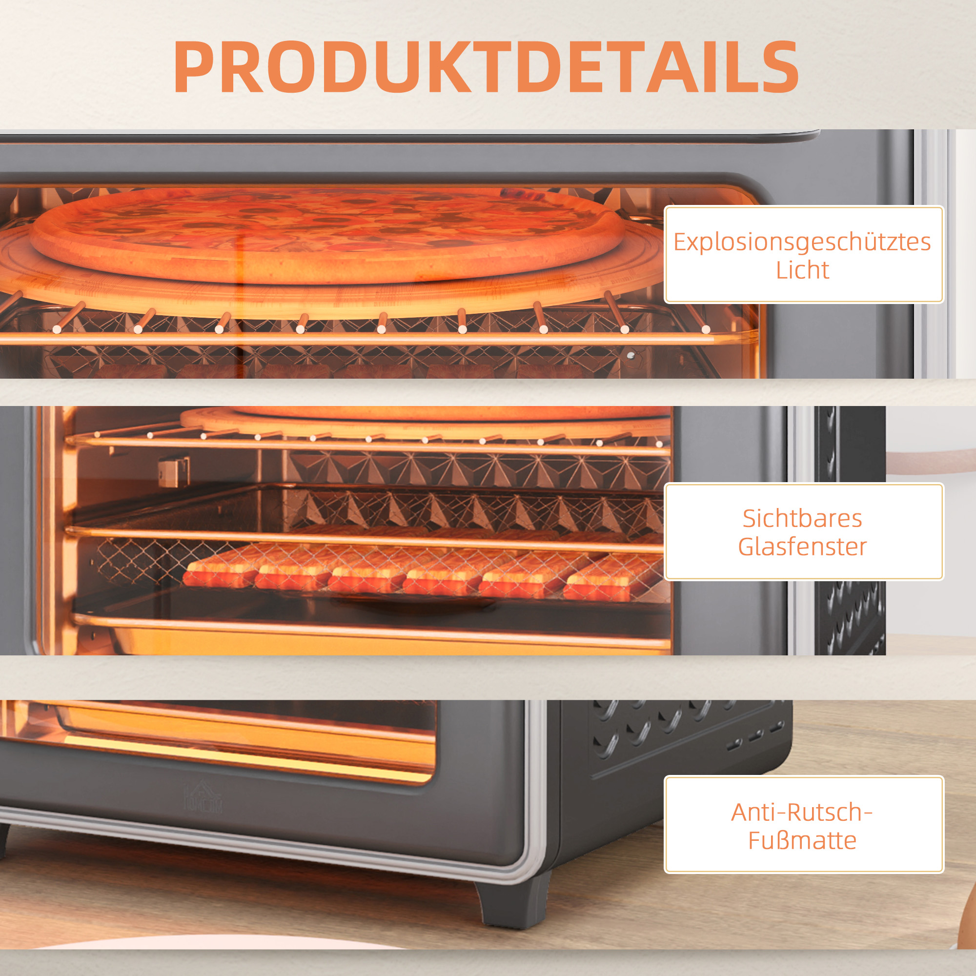 Nahaufnahme eines Küchenofens. Details umfassen eine Pizza, ein Glasfenster und eine Anti-Rutsch-Matte.