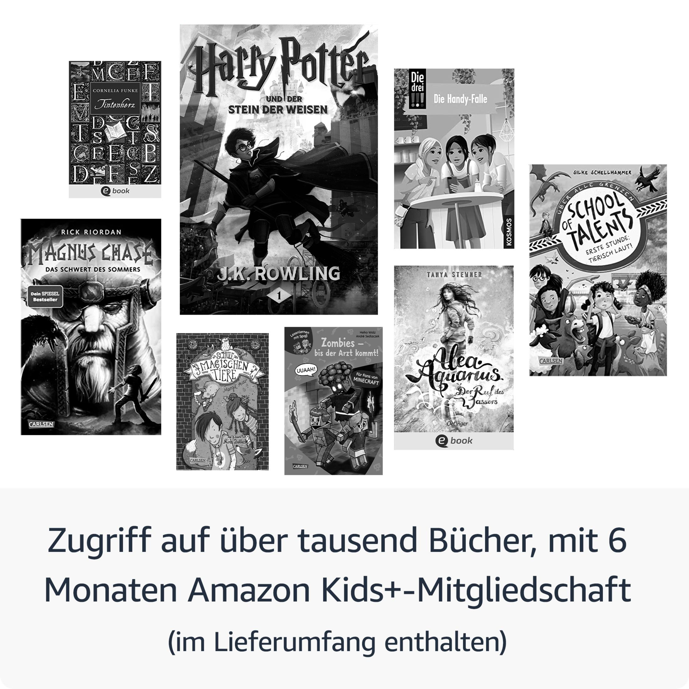 Bücher auf weißem Hintergrund. Text auf Deutsch über Amazon Kids+ Mitgliedschaft.