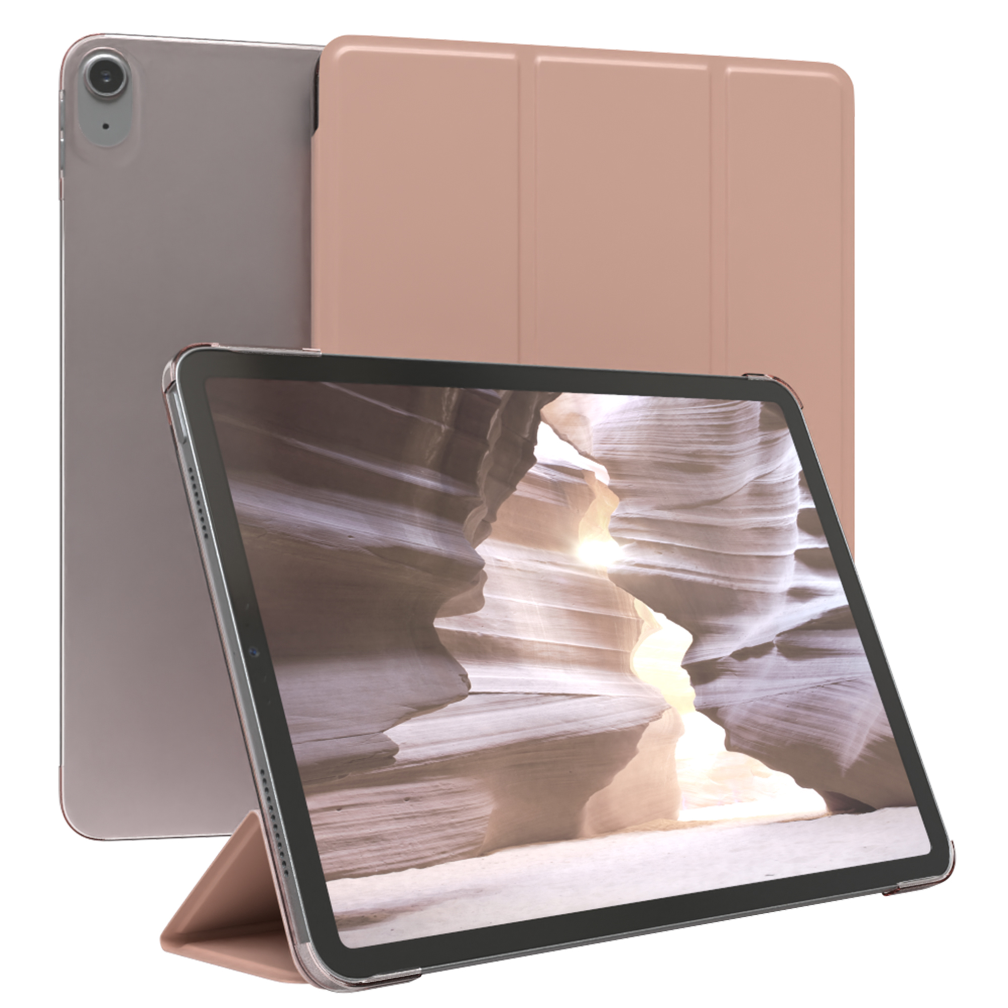 Ein Tablet mit pinkfarbener Hülle und einem Canyon-Bild auf dem Bildschirm. Andere Hüllen sind sichtbar.