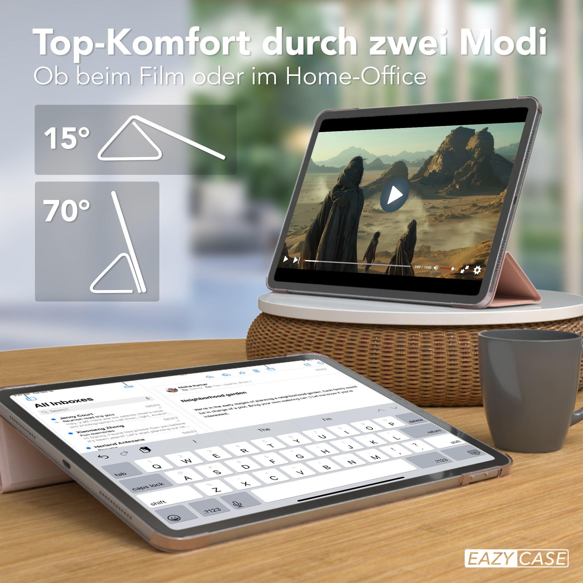 Tablets in zwei Positionen, abgewinkelt 15 und 70 Grad. Text deutet auf Komfort für Film oder Homeoffice hin.