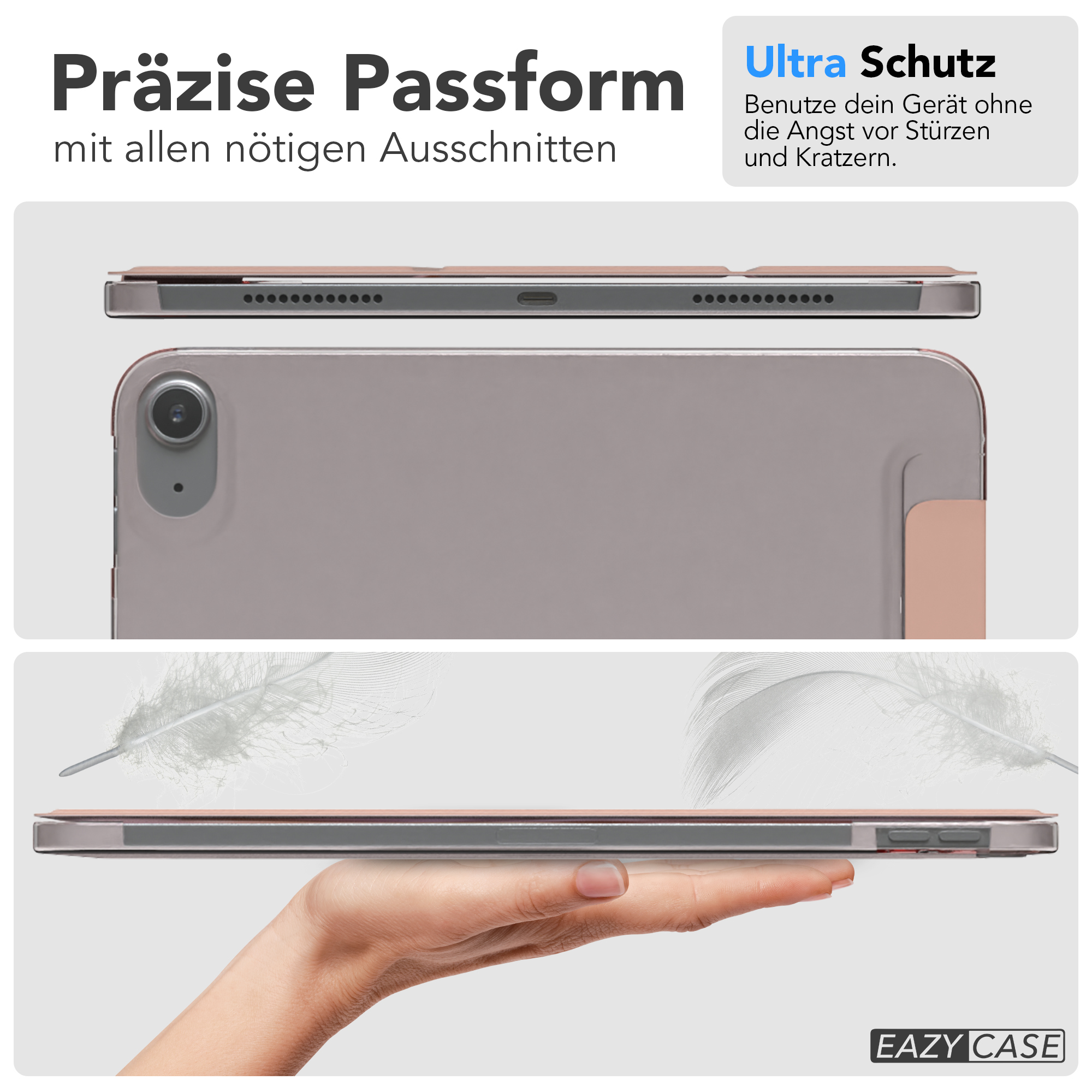 Eine Tablet-Hülle im Vordergrund, mit sichtbarem Tablet. Text über präzise Passform und Schutz.