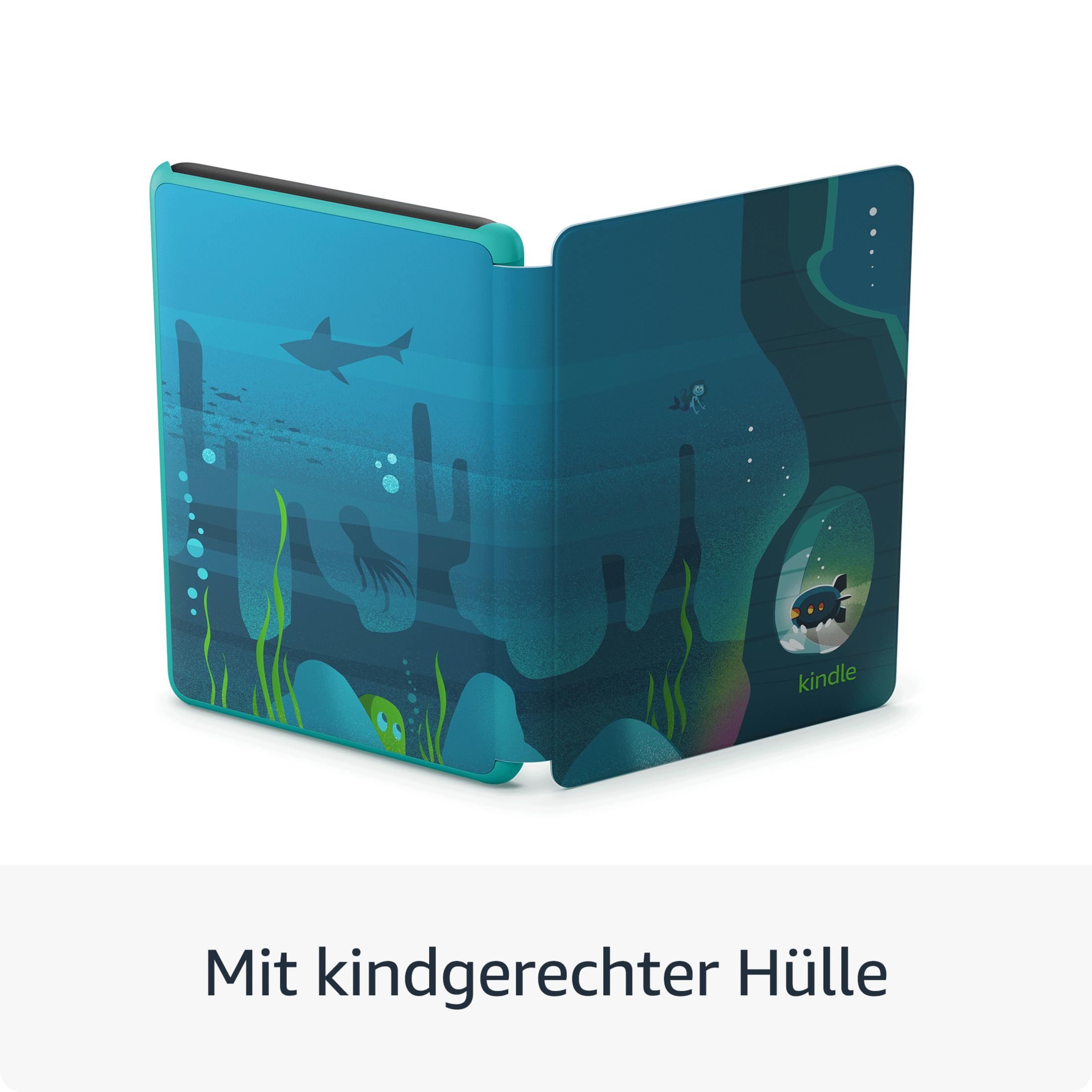 Kindle-Hülle geöffnet, zeigt eine Unterwasserszene mit Hai und Oktopus. Weißer Hintergrund.
