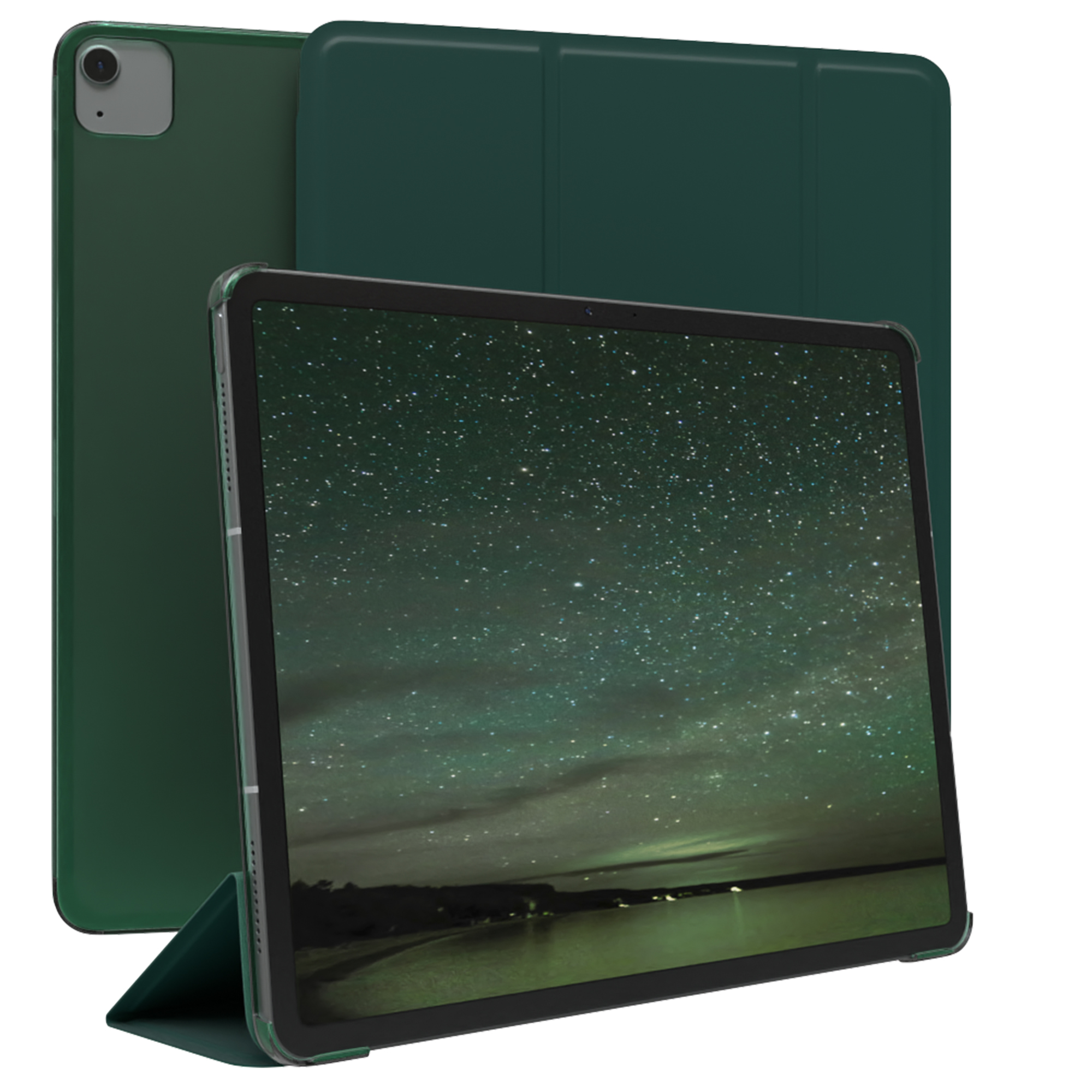 Ein grünes Tablet mit Sternenhimmel-Bildschirm in einer grünen Hülle. Eine zweite Hülle steht dahinter.
