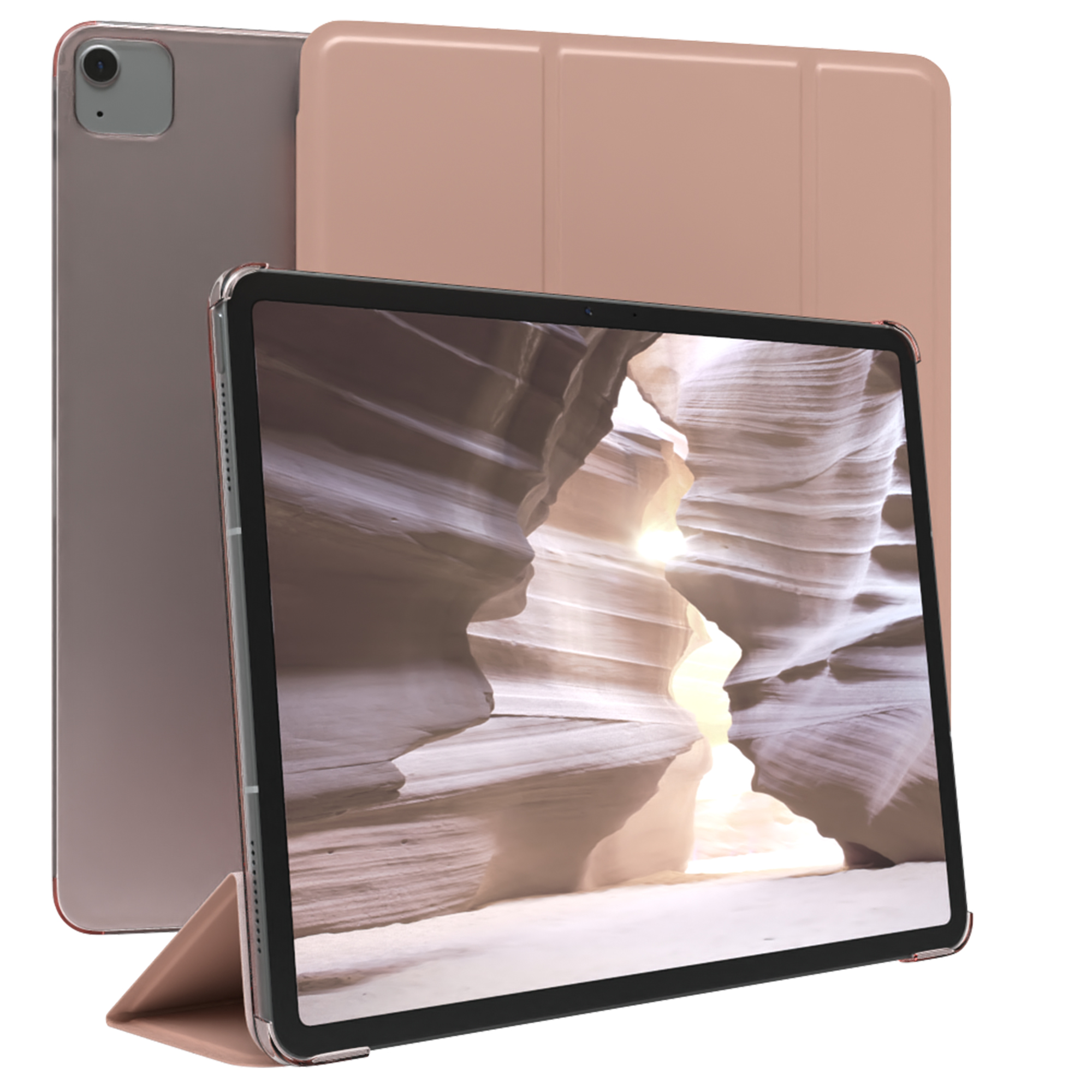Tablet mit Hülle. Der Bildschirm zeigt eine Schluchtszene. Die Hülle ist offen.