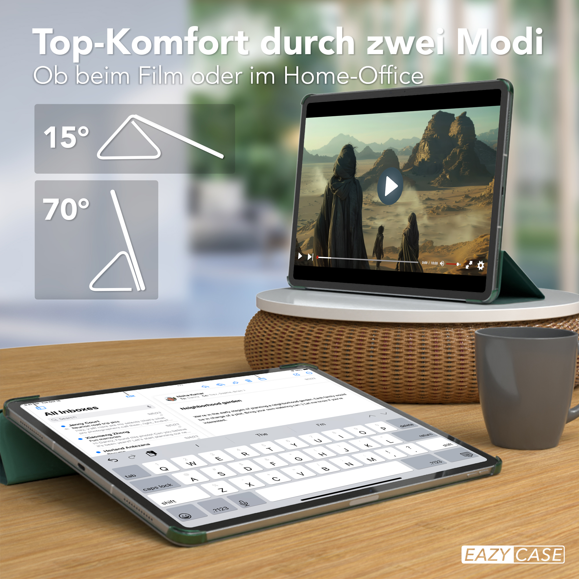Tablet mit Hülle, die zwei Modi zeigt: einen zum Anzeigen, einen zum Tippen.
