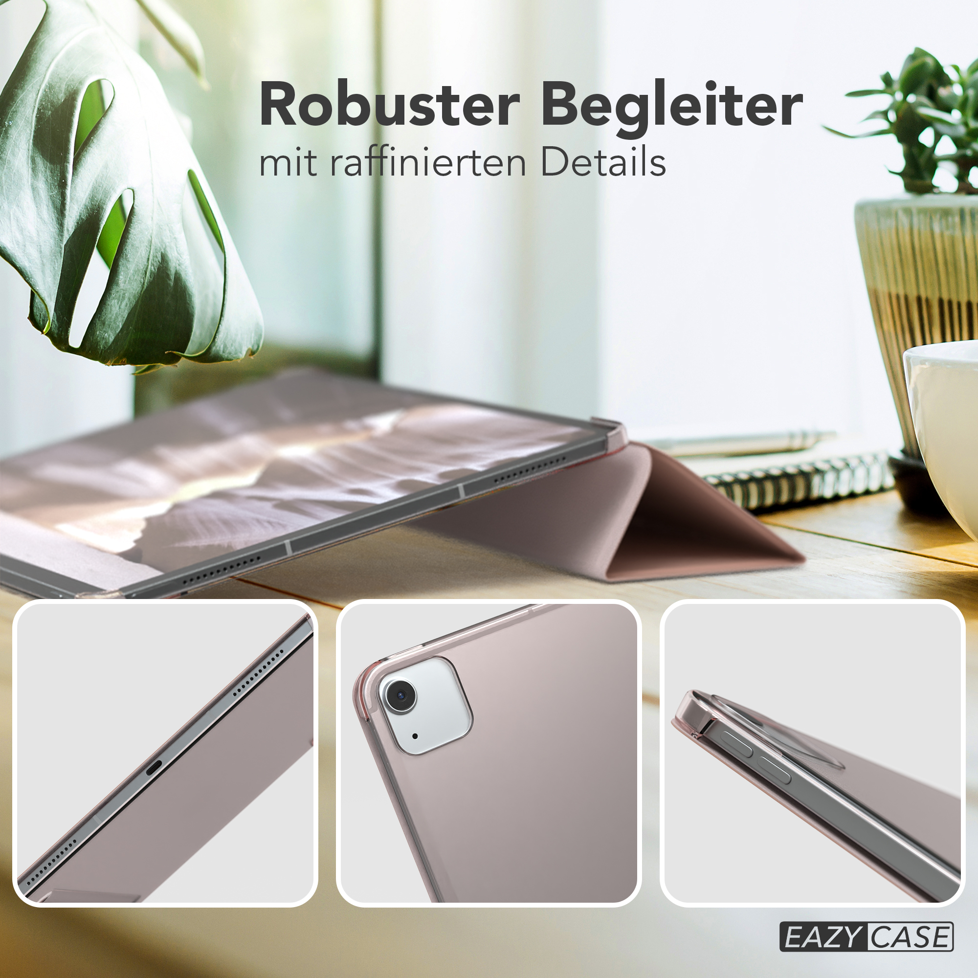Tablet mit Hülle auf einem Holztisch, mit Details auf dem Bildschirm.
