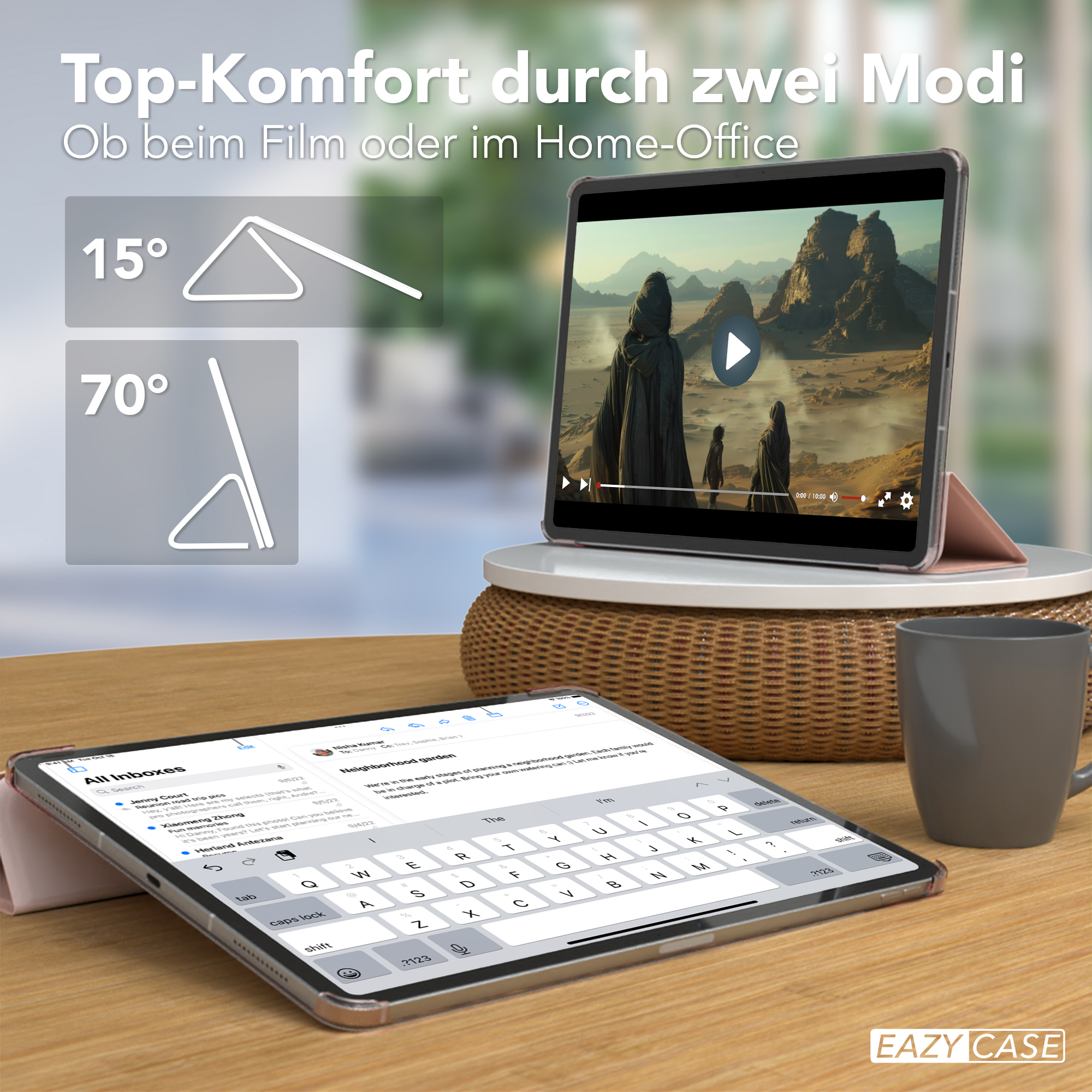 Tablet auf Ständer. Top-Komfort-Modus-Anzeige. Hintergrund zeigt Filmszene.