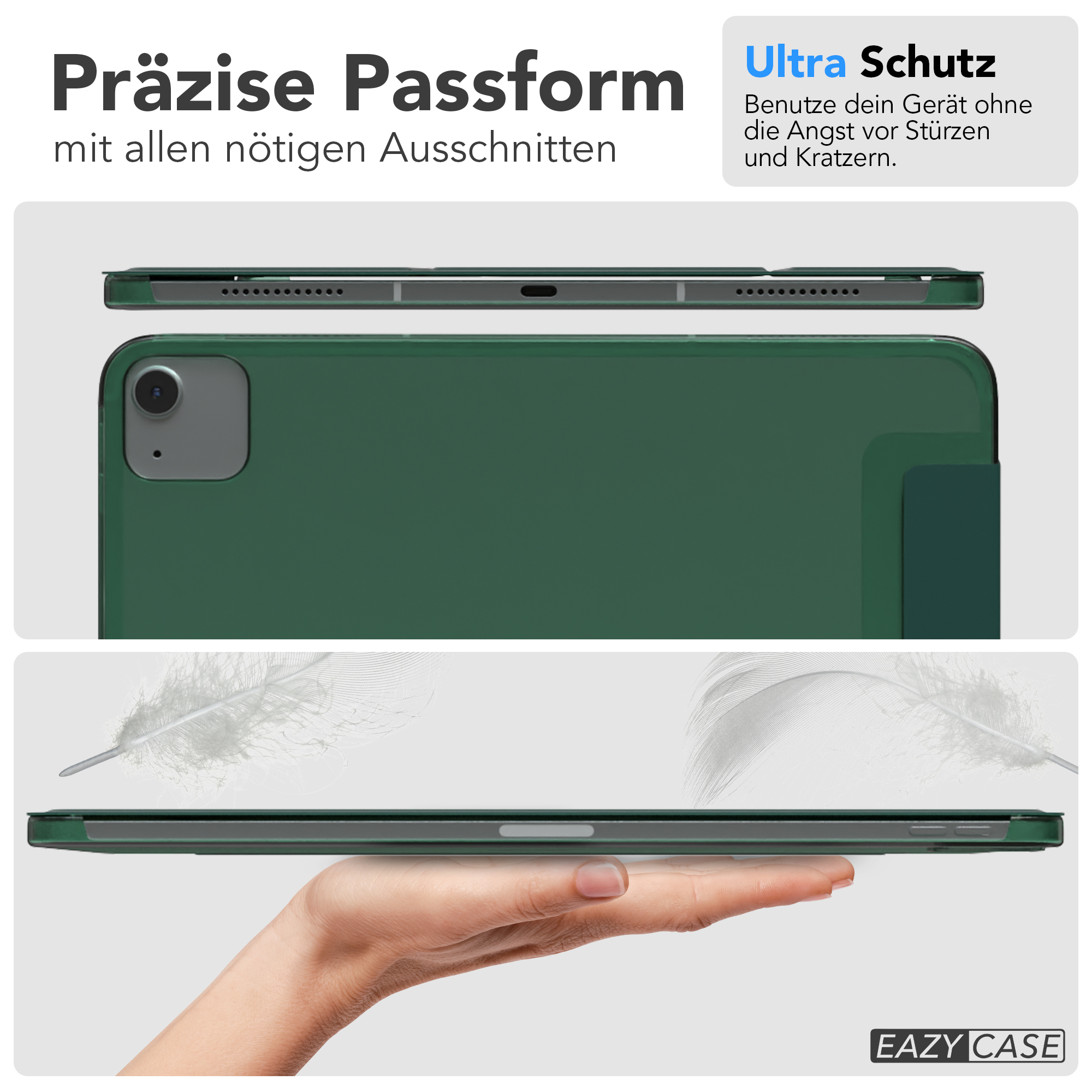 Grüne Tablethülle mit einer Hand, die sie hält, mit Diagrammen und Text auf weißem Hintergrund.