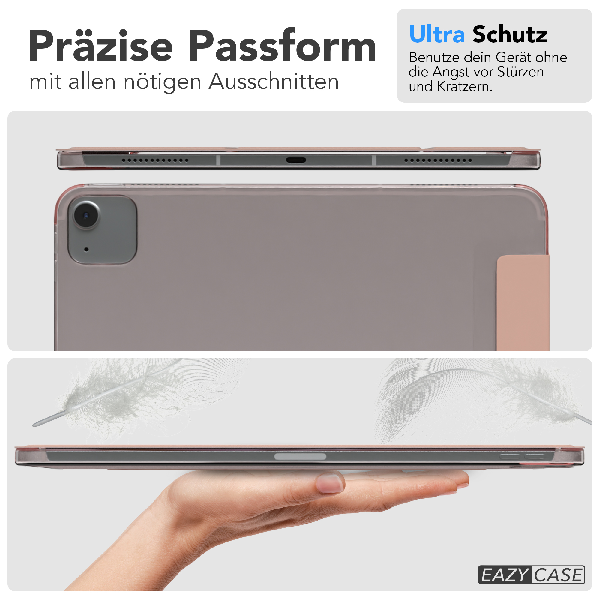 Eine Tablethülle, mit dem Tablet in verschiedenen Positionen und Text über Schutz.