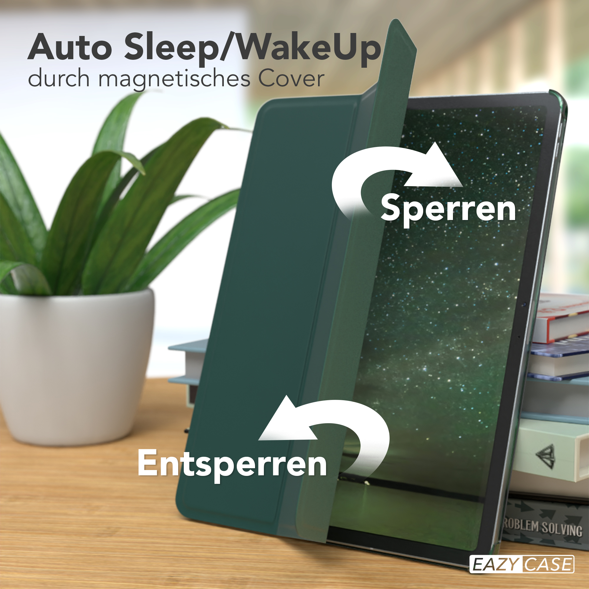 Ein Tablet in einer grünen Hülle, mit geöffneter Hülle. Text sagt „Auto Sleep/WakeUp“ und „Sperren/Entsperren“ mit Pfeilen.
