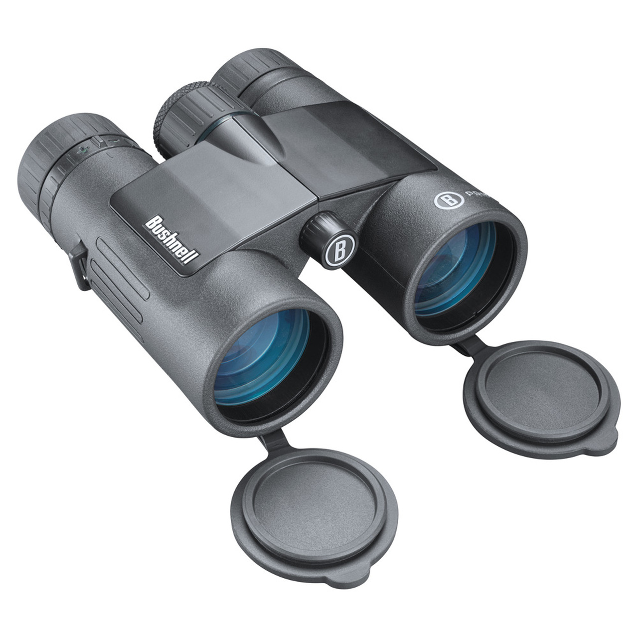 Binocolo nero con copriobiettivo aperti, rivolto verso lo spettatore. Sfondo bianco.