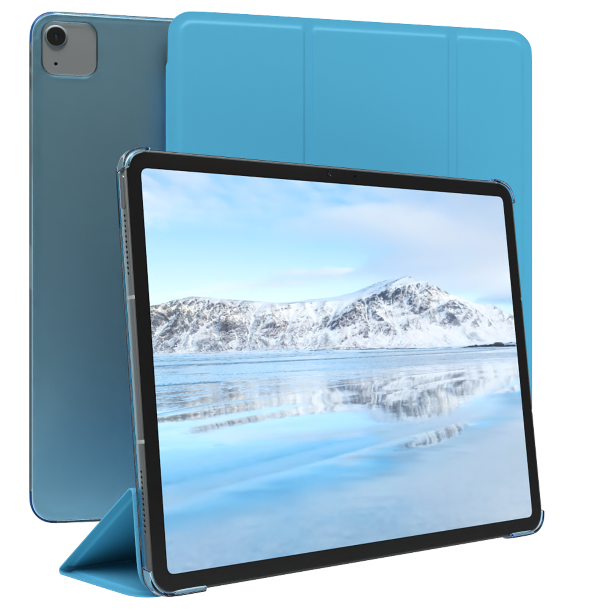 Blaues Tablet mit Hülle. Der Bildschirm zeigt eine verschneite Berglandschaft. Weißer Hintergrund.