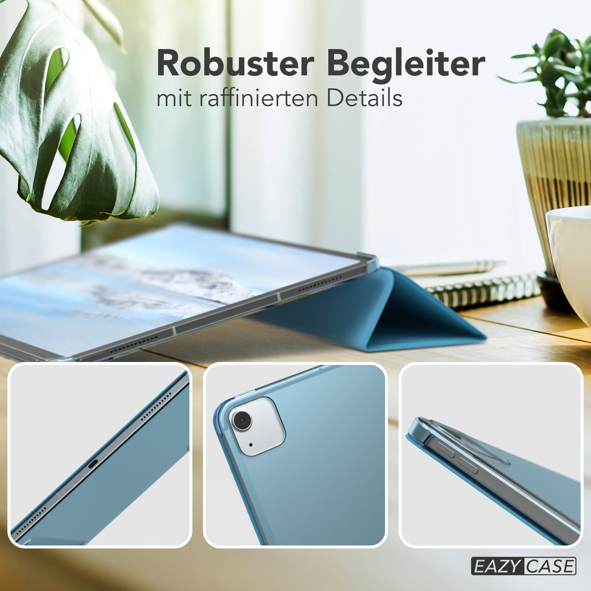 Eine blaue Tablethülle mit Nahaufnahmen von Details des Tablets und der Hülle.