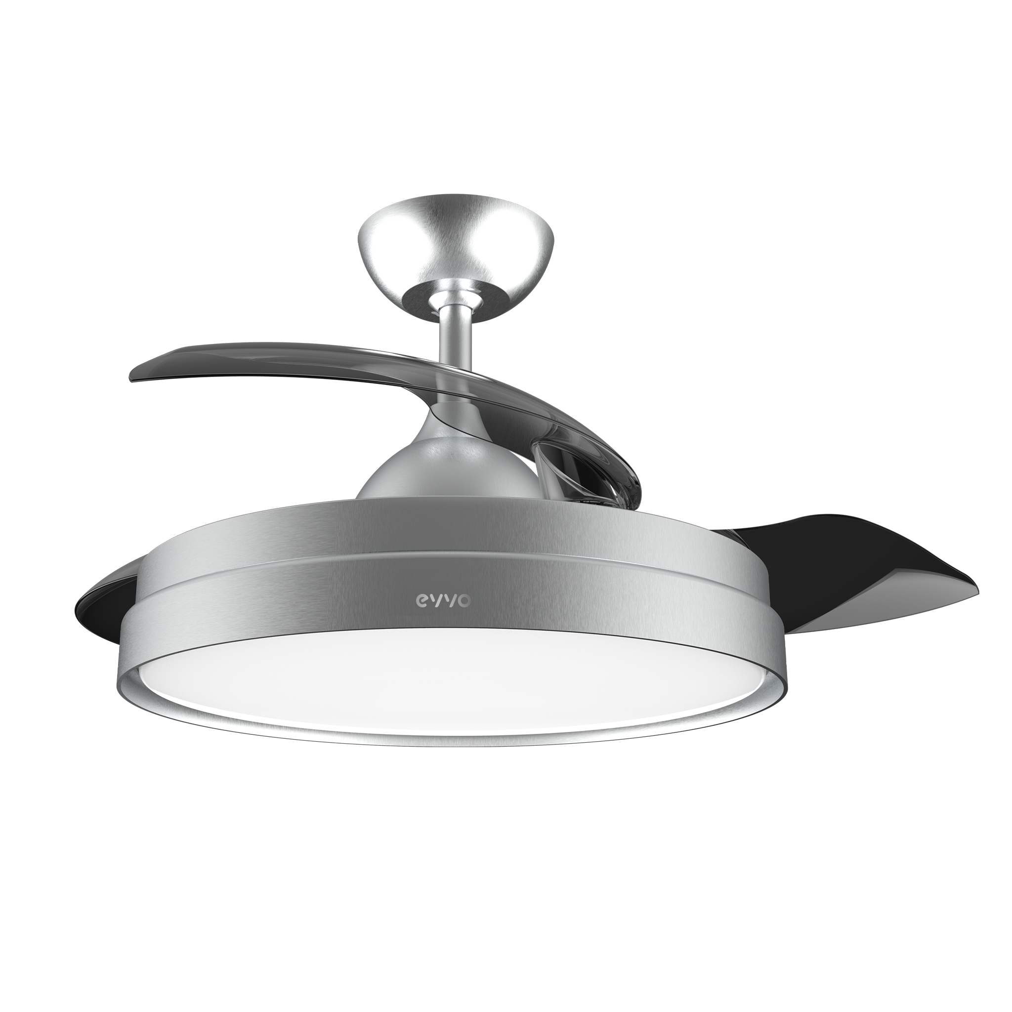 Ventilatore da soffitto argentato con due pale e un anello luminoso. Sfondo nero.