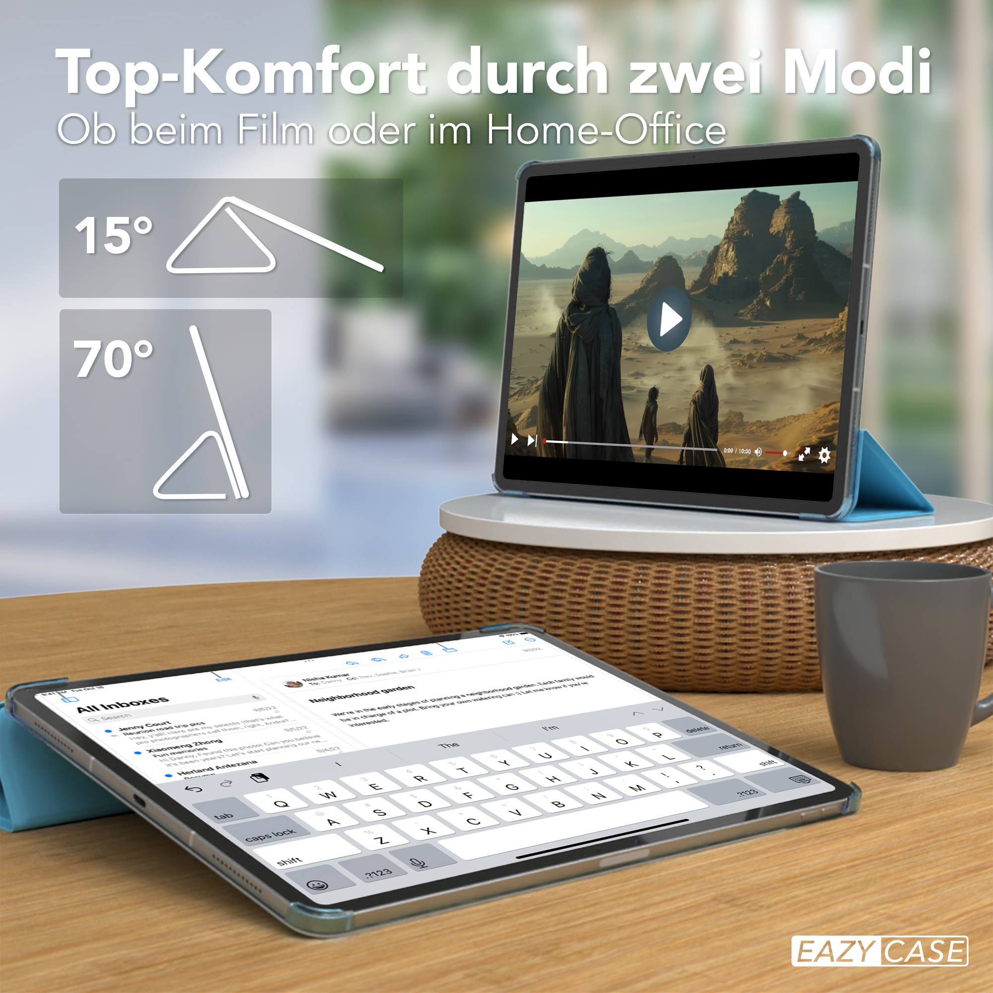 Tablet in einer Hülle, mit Text und einer Tasse. Weißer Hintergrund.