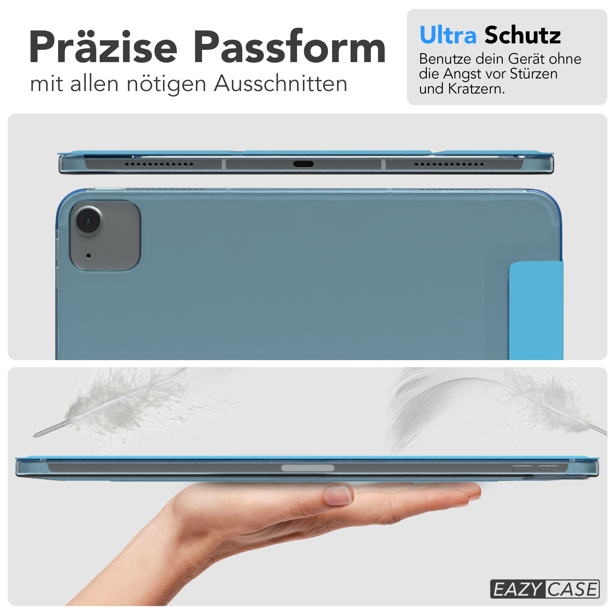 Blaues Tablet in Hülle, Ober- und Seitenansicht. Text über passgenauigkeit und Ultra-Schutz.
