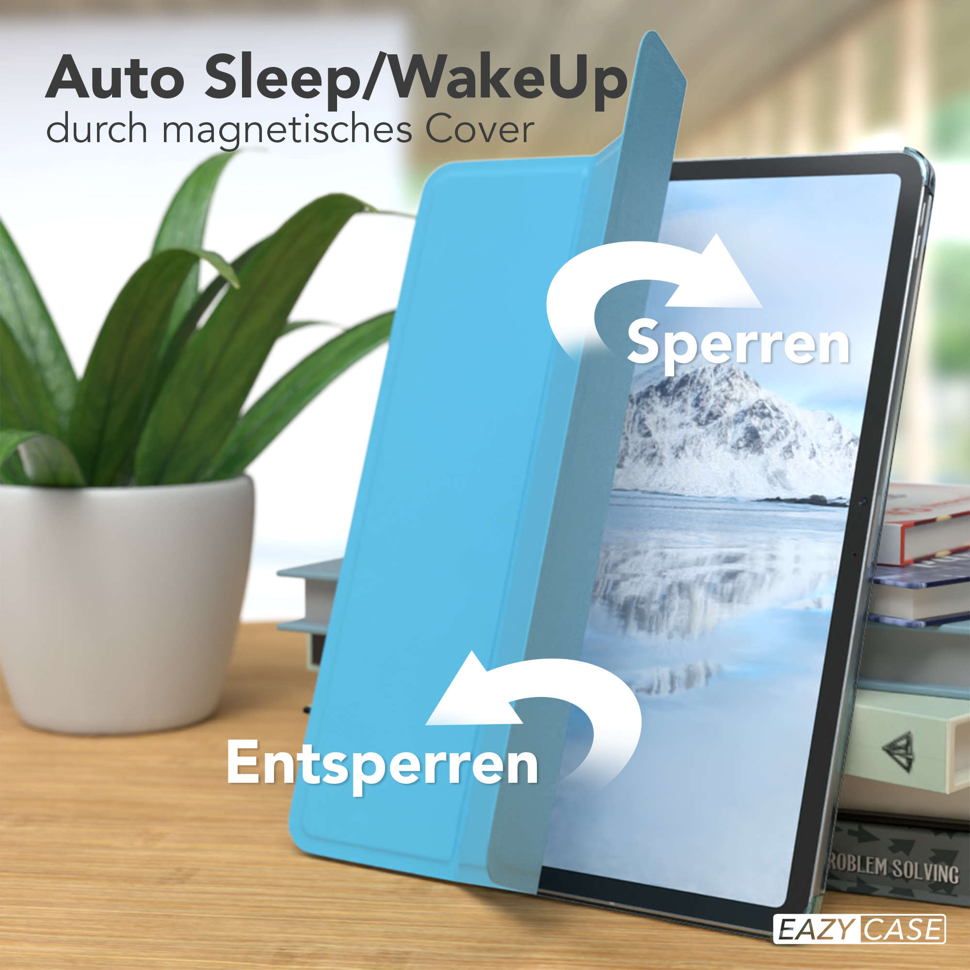 Tablet in blauer Hülle mit Pfeilen, die Sperren und Entsperren anzeigen. Text: Auto Sleep/WakeUp.