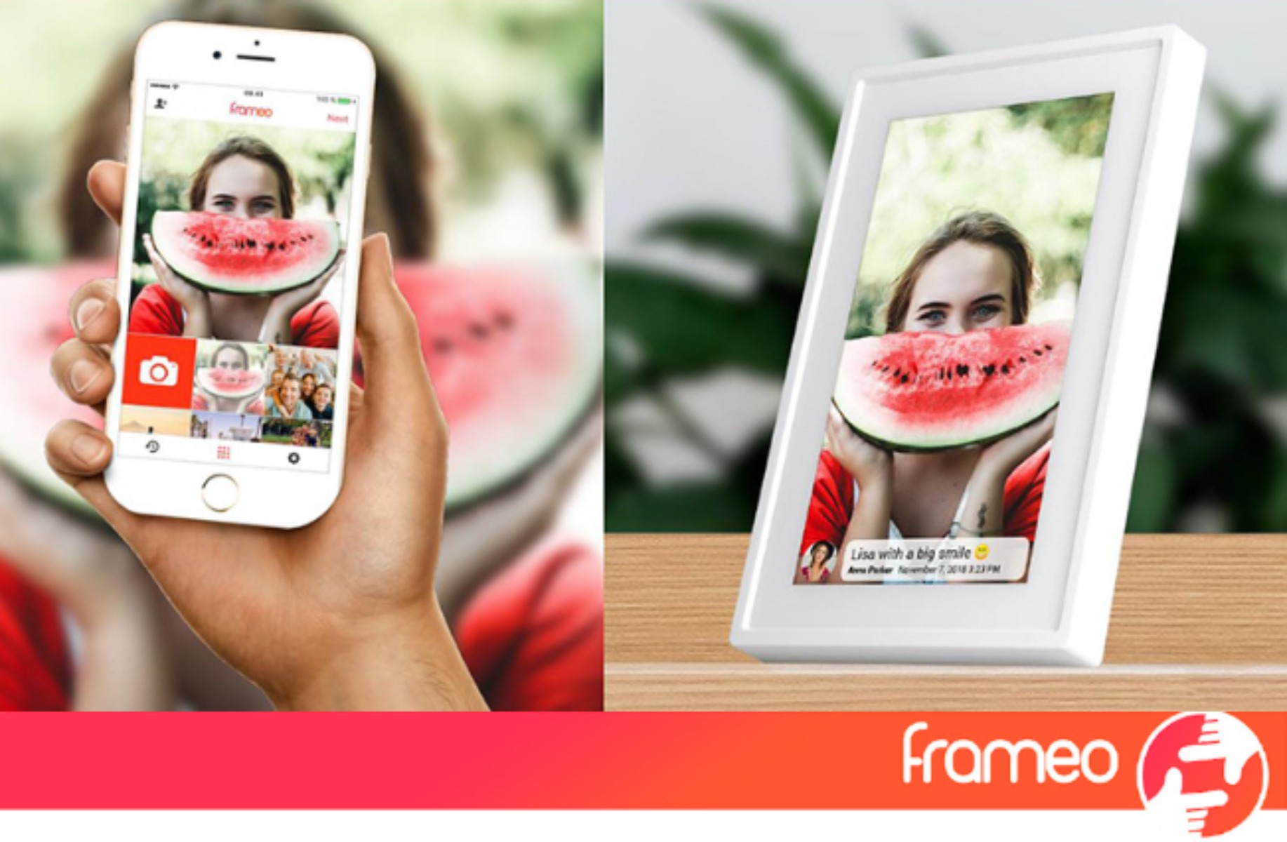 Ein Telefon und ein digitaler Rahmen, der ein Foto einer Person mit Wassermelone anzeigt.
