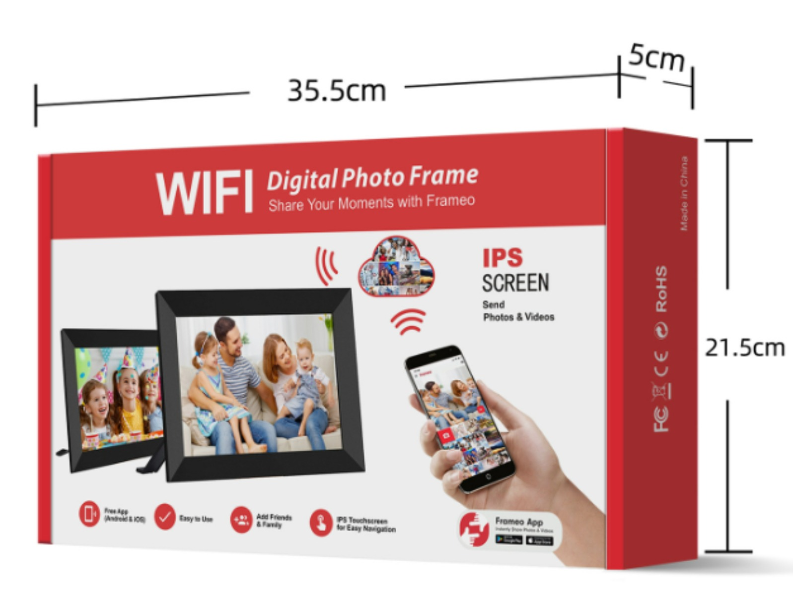 Karton eines digitalen Fotorahmens mit Personen, Telefon und Abmessungen.