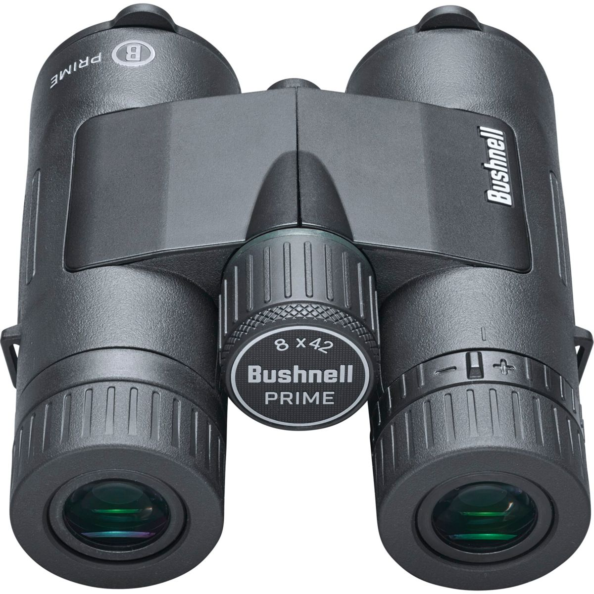 Un paio di binocoli neri con testo Bushnell Prime 8x42 sulla rotella di messa a fuoco.