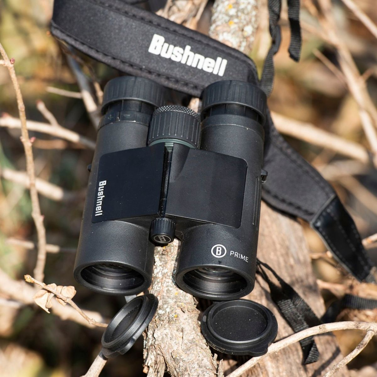 Binocolo Bushnell nero con cinturino nero. Sono su un ramo con foglie secche.