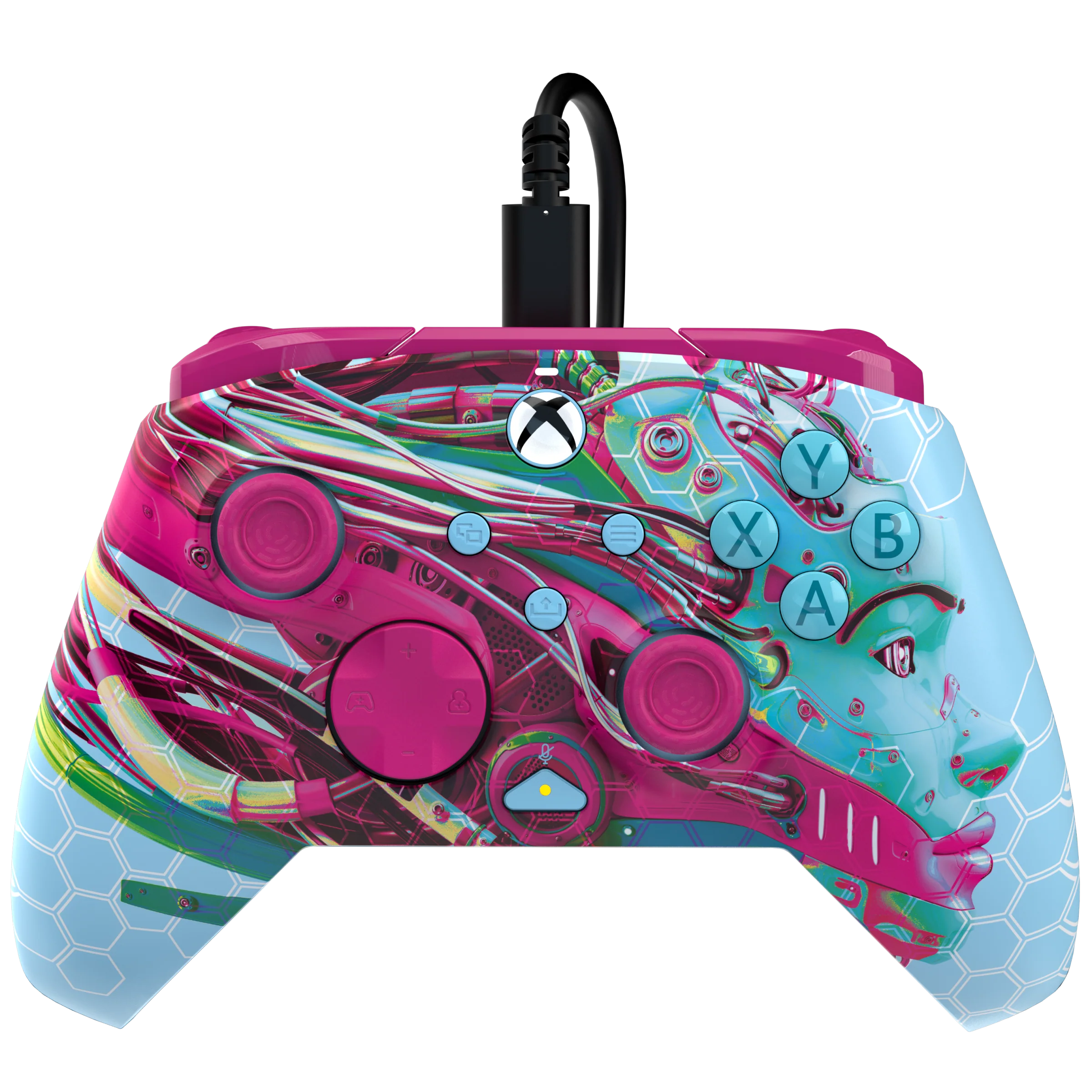 Różowy i niebieski kontroler do gier. Czarny kabel, kolorowy design i twarz.