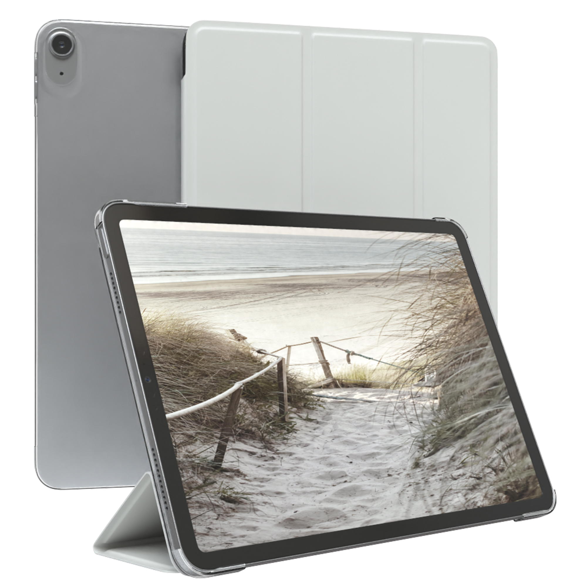 Tablet mit einer Strandszene. In einer weißen Hülle, mit weißem Hintergrund.