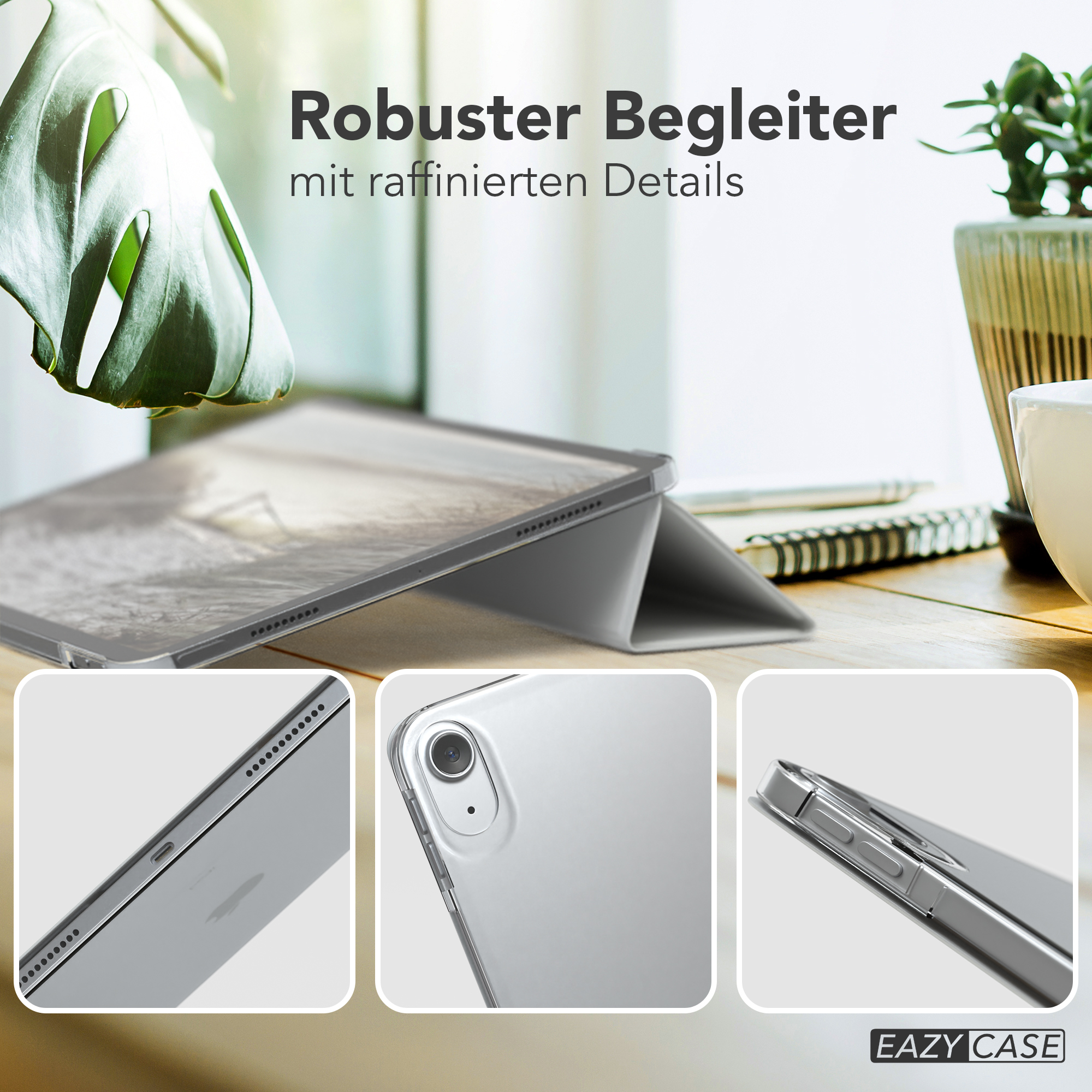 Tablethülle mit einem silbernen Tablet darin. Nahaufnahmen von Kanten, Kamera und Tasten werden gezeigt.