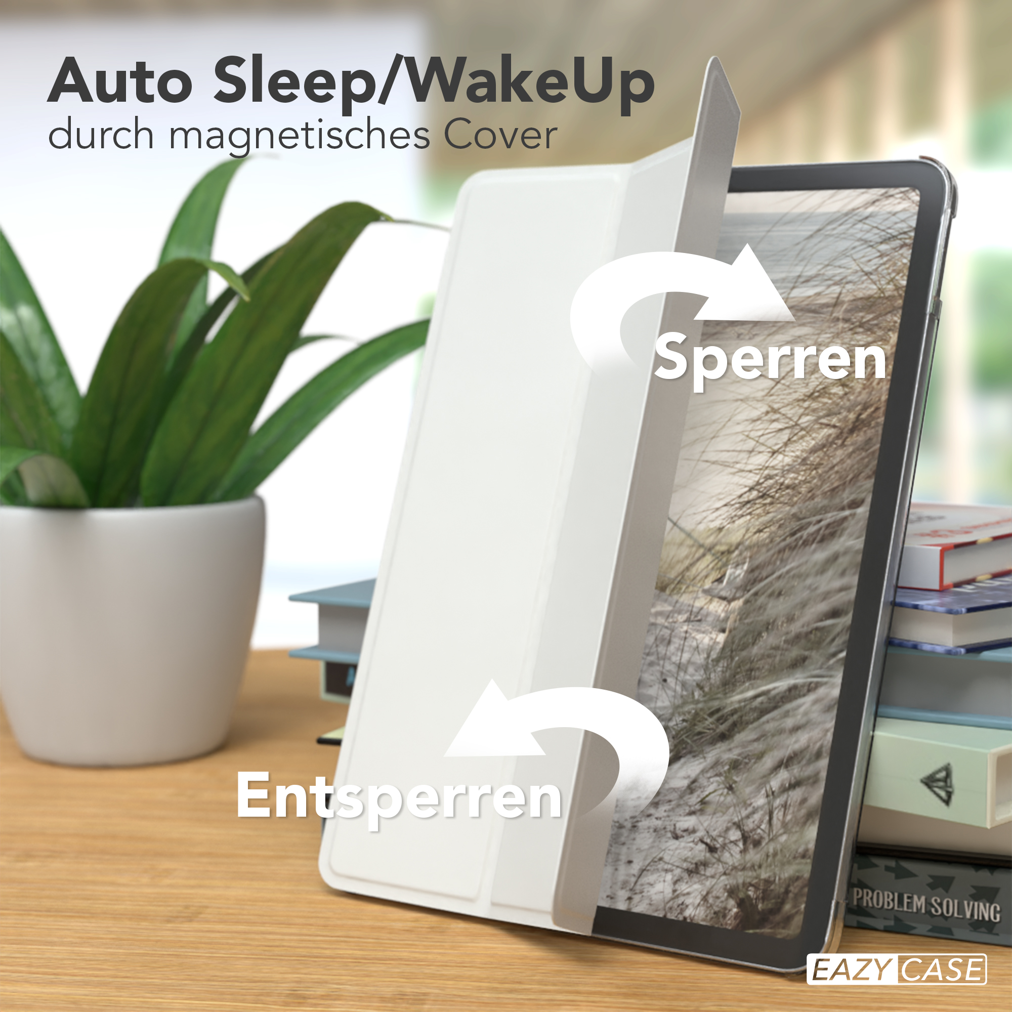 Weiße Tablet-Hülle mit einem Tablet darin. Der Deckel ist geöffnet, Text 'Sperren' und 'Entsperren'.
