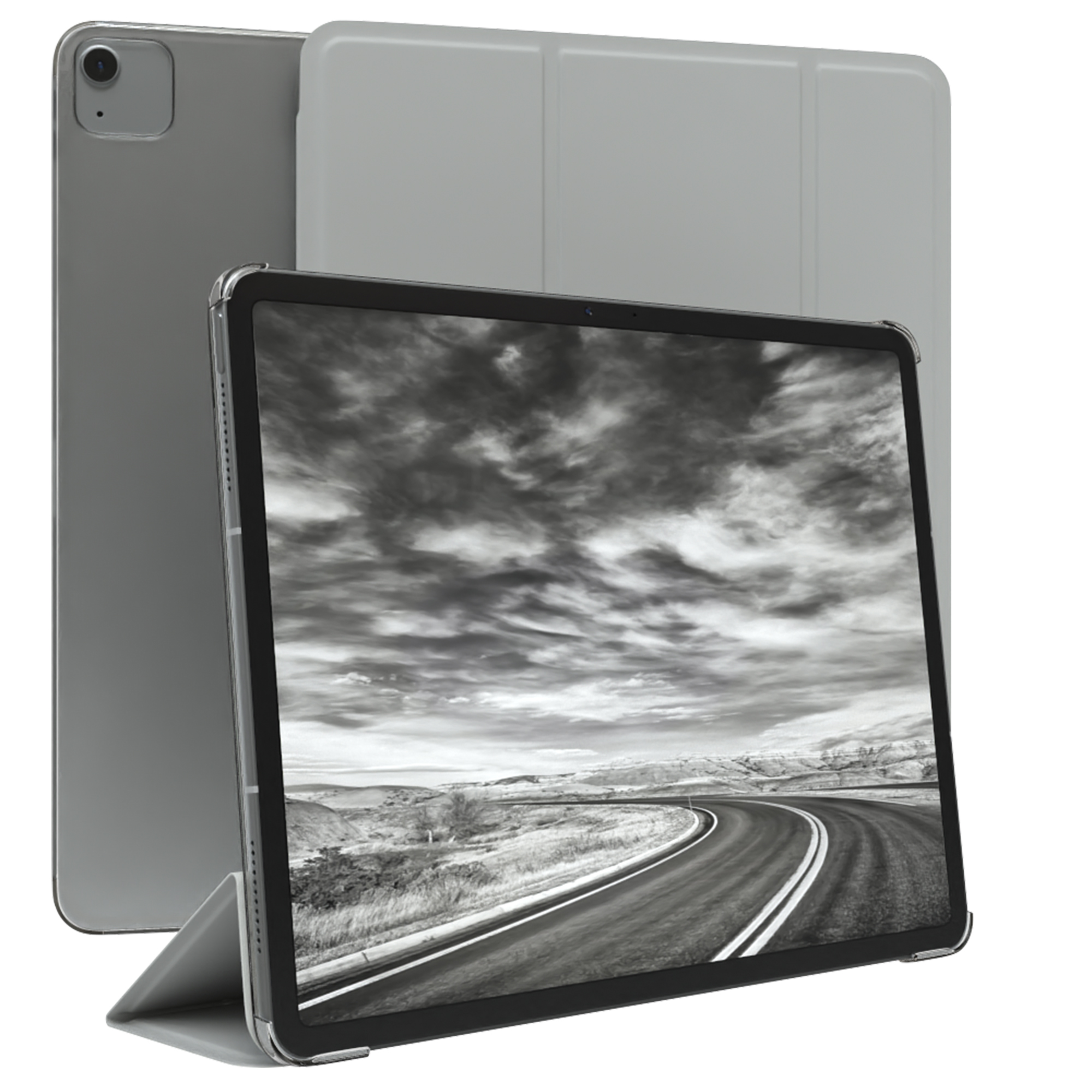 Ein Tablet mit Straßenansicht auf dem Bildschirm, und einem grauen Gehäuse.